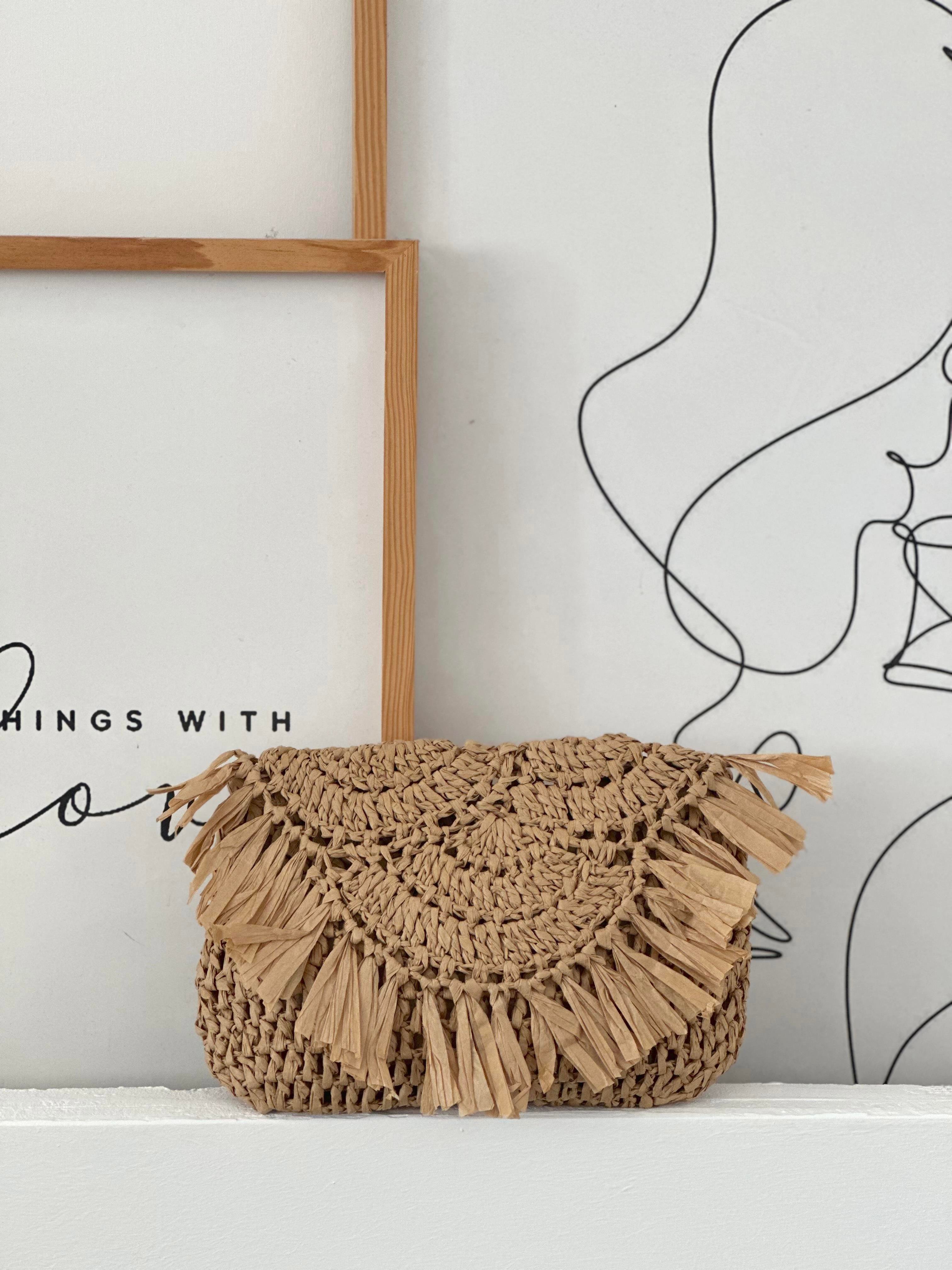 Püsküllü Astarlı Bej Hasır Çapraz & Omuz Çantası