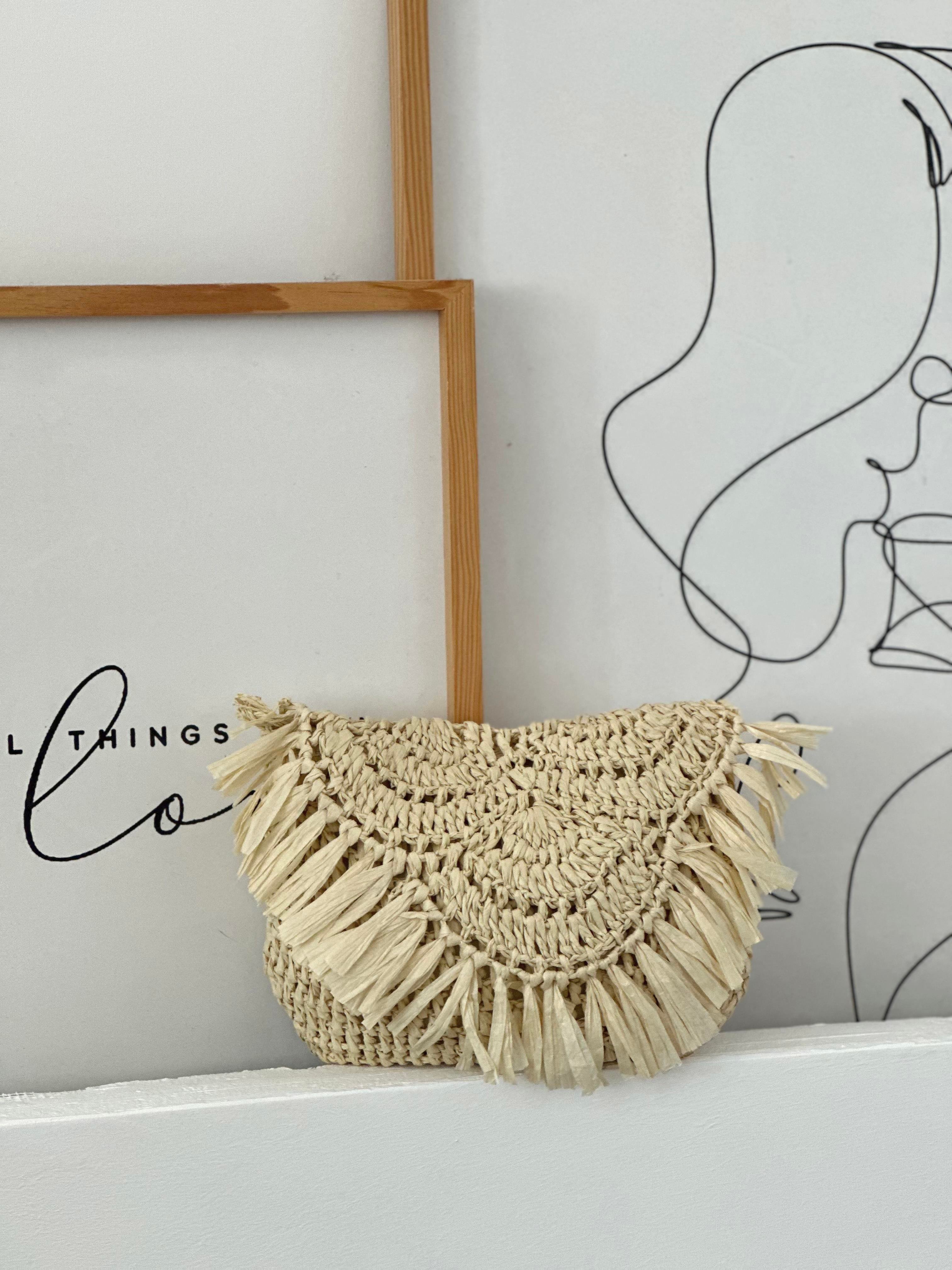 Püsküllü Astarlı Krem Hasır Çapraz & Omuz Çantası