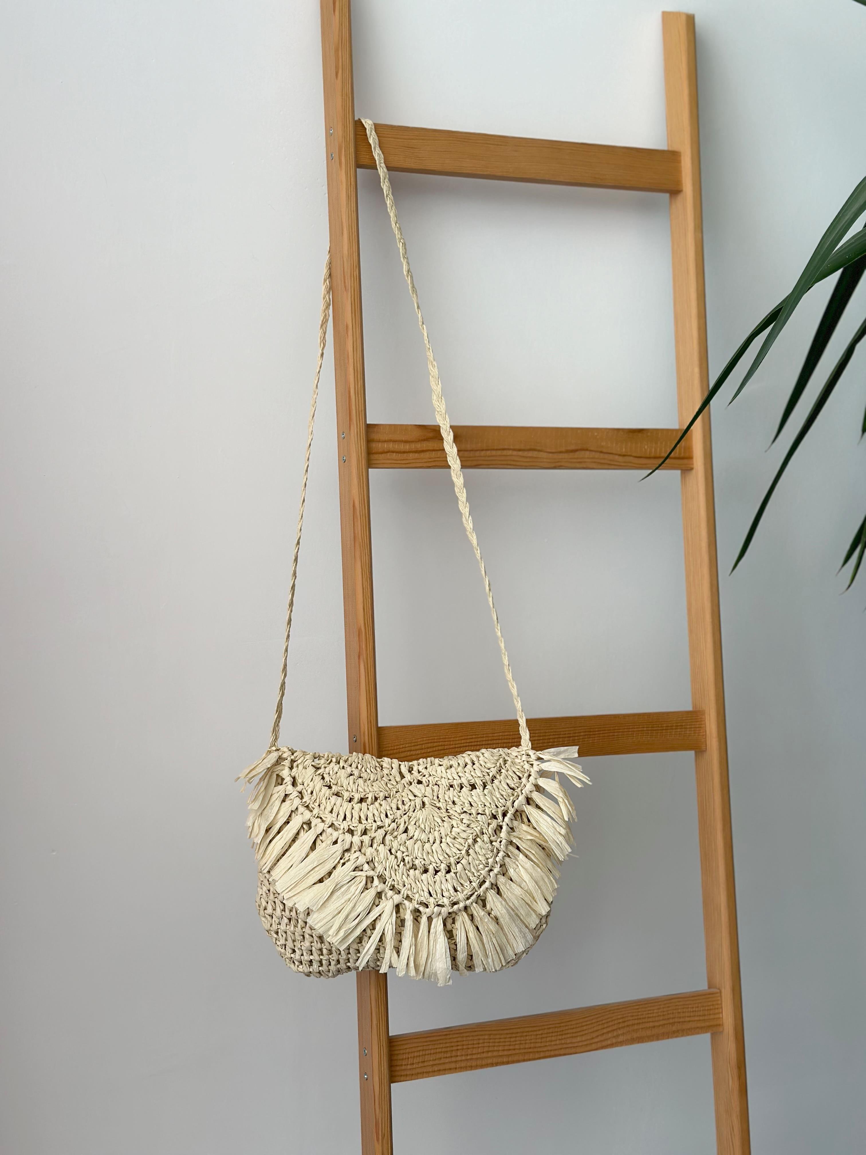 Püsküllü Astarlı Krem Hasır Çapraz & Omuz Çantası