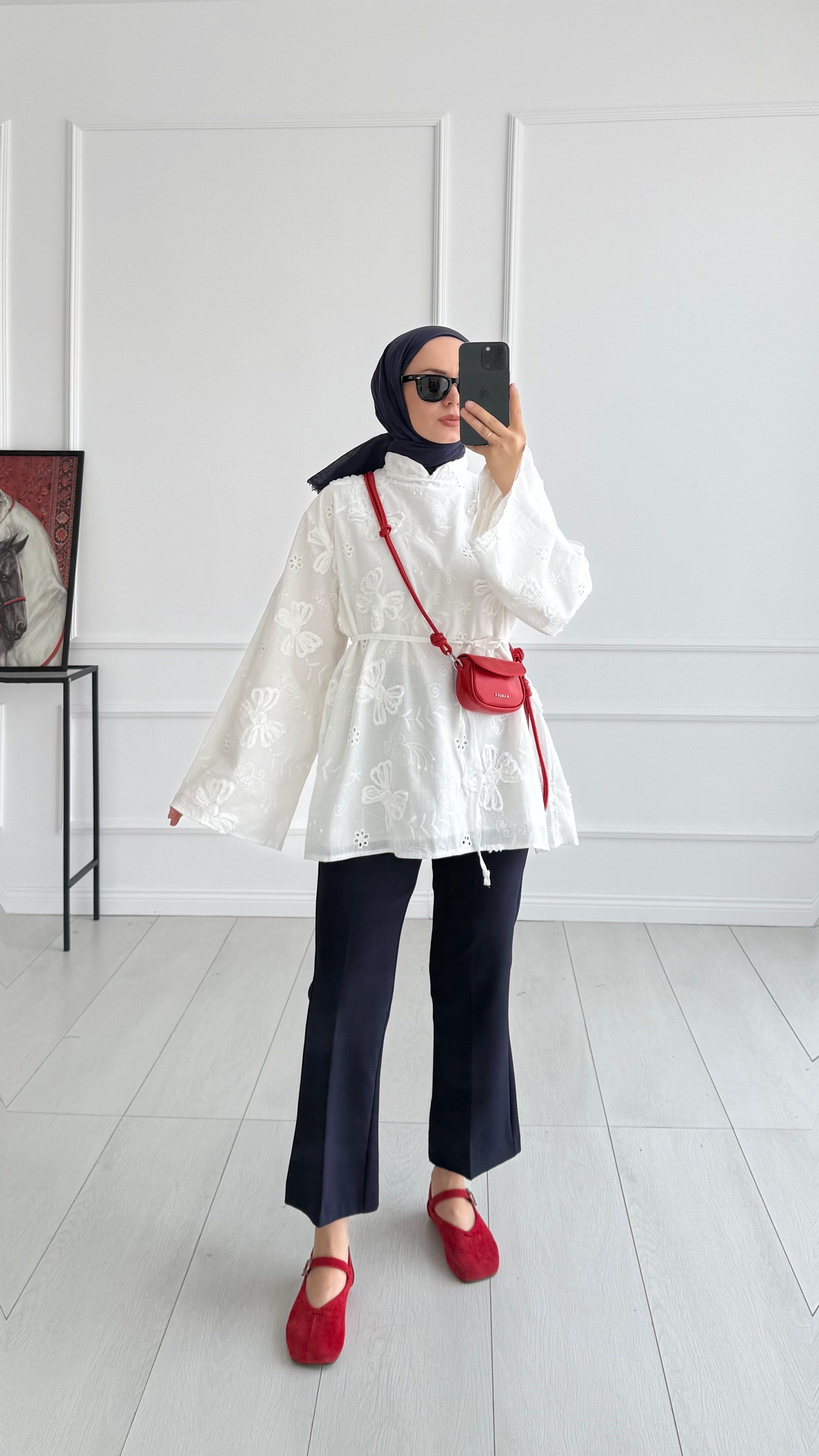 Retro Vintage Ekru Desenli Bluz