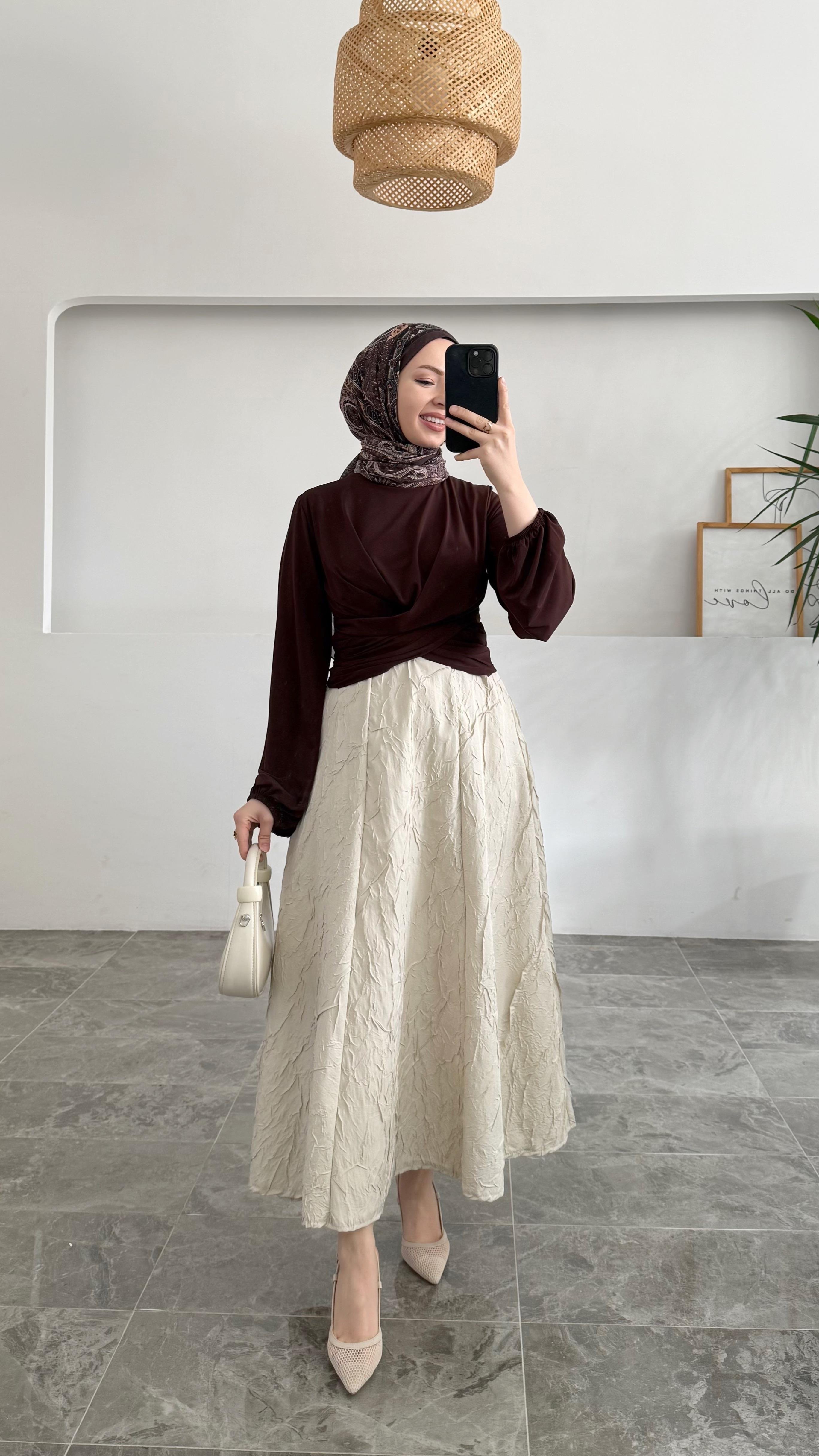 Sandra Çift Drapeli Acı Kahve Bluz