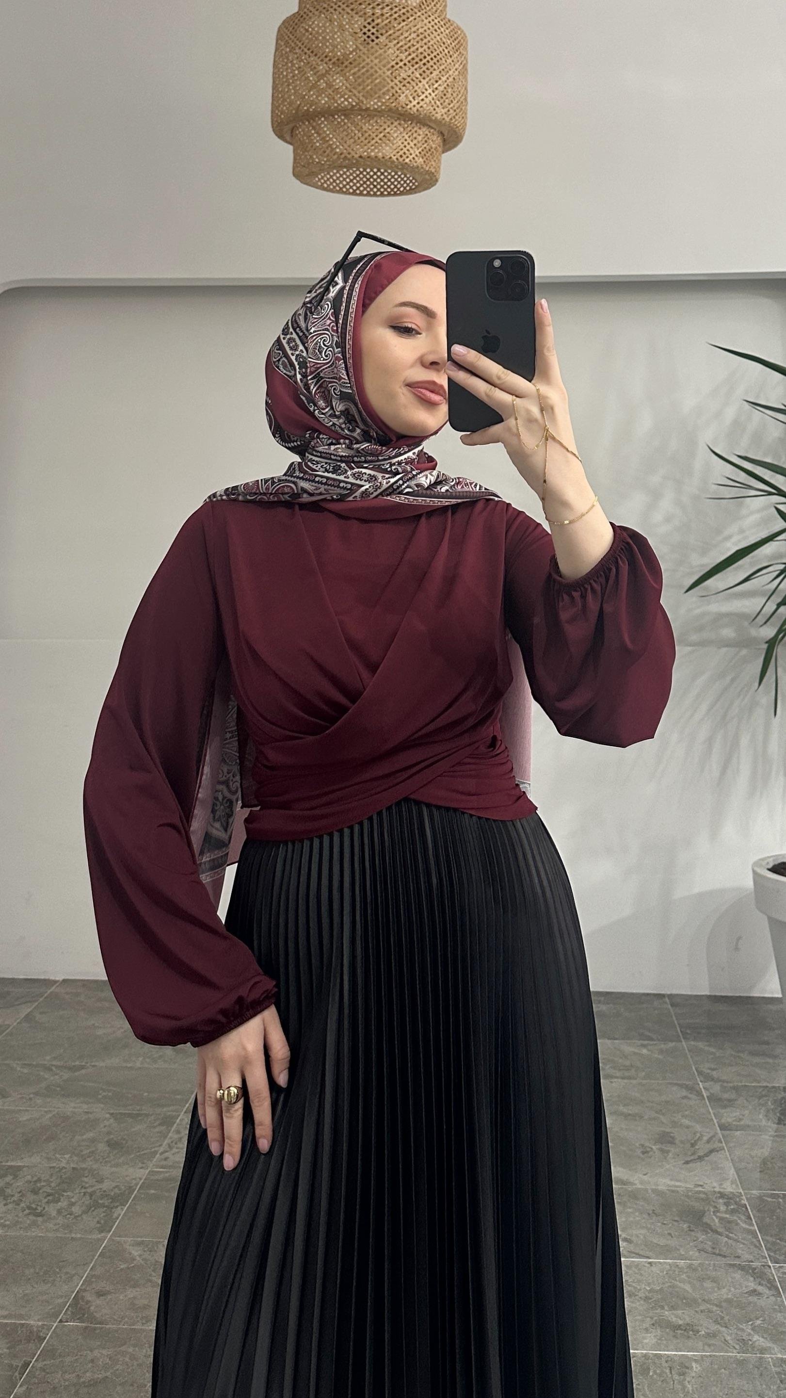 Sandra Çift Drapeli Bordo Bluz