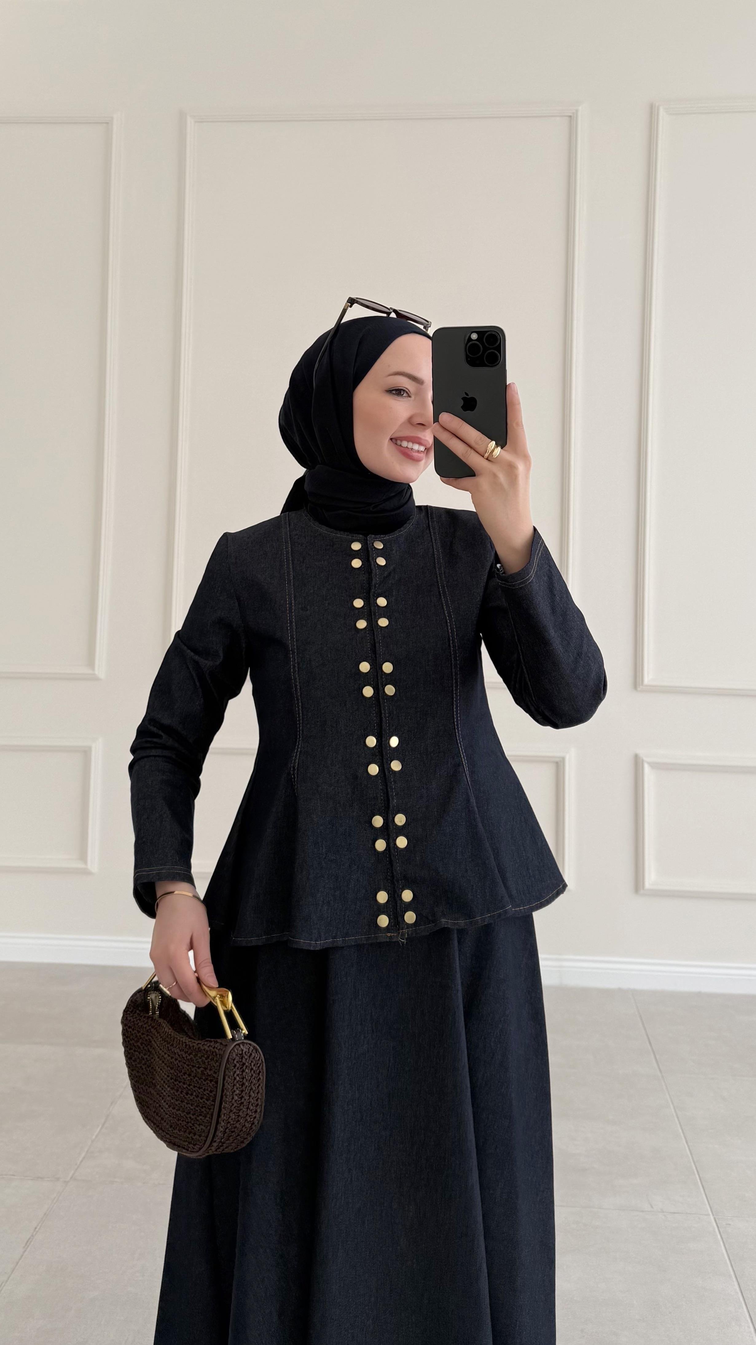 Sanfori Çift Düğmeli Denim Lacivert Etek Takım