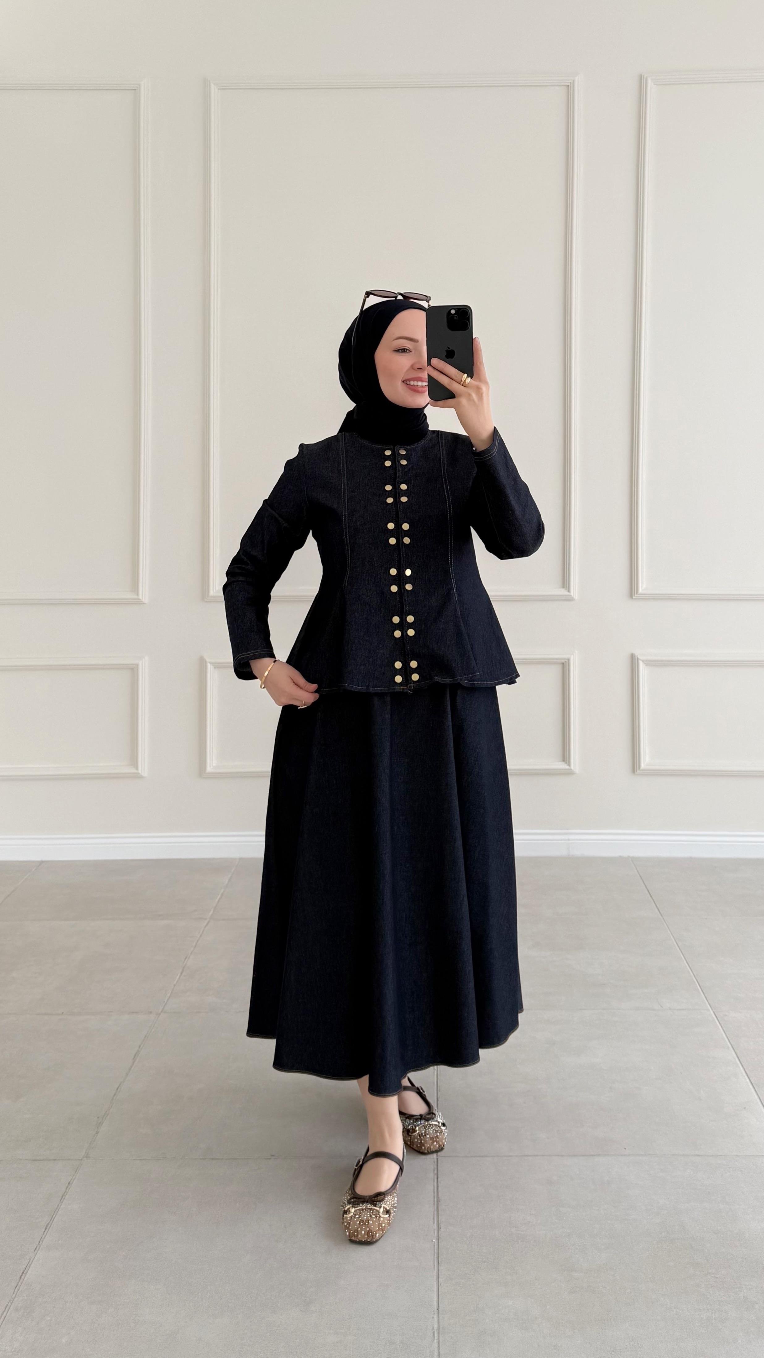Sanfori Çift Düğmeli Denim Lacivert Etek Takım