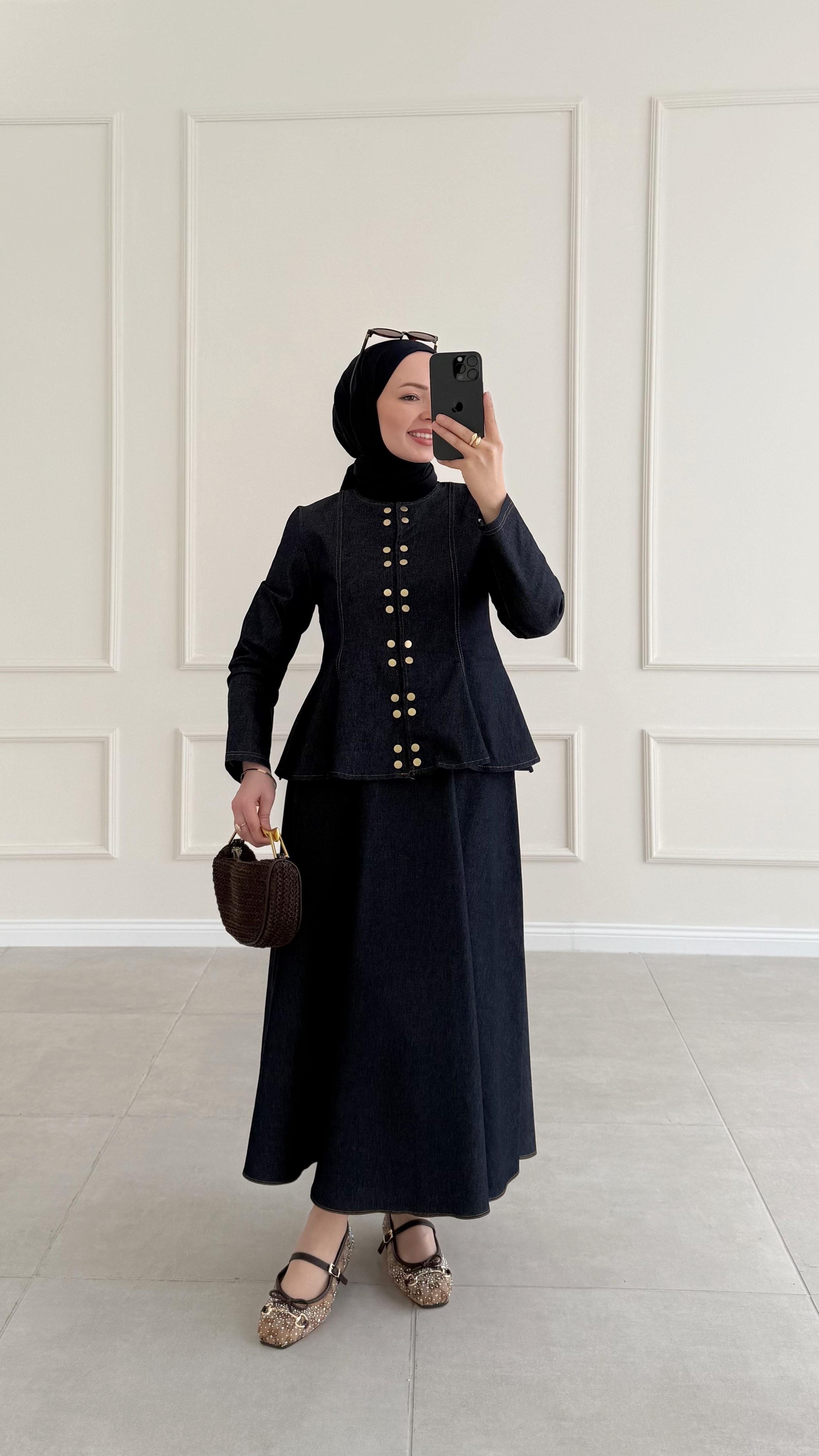 Sanfori Çift Düğmeli Denim Lacivert Etek Takım