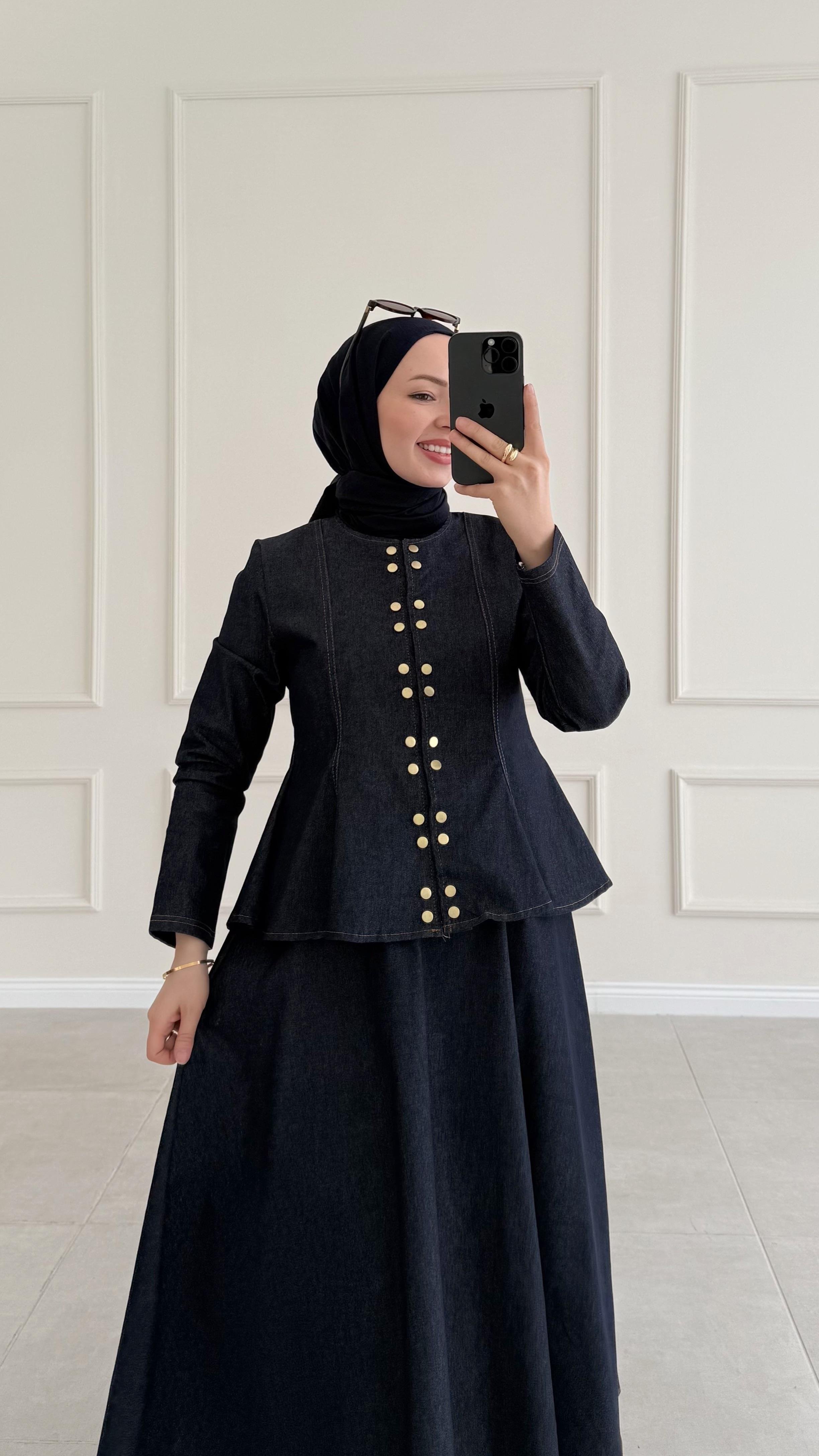 Sanfori Çift Düğmeli Denim Lacivert Etek Takım