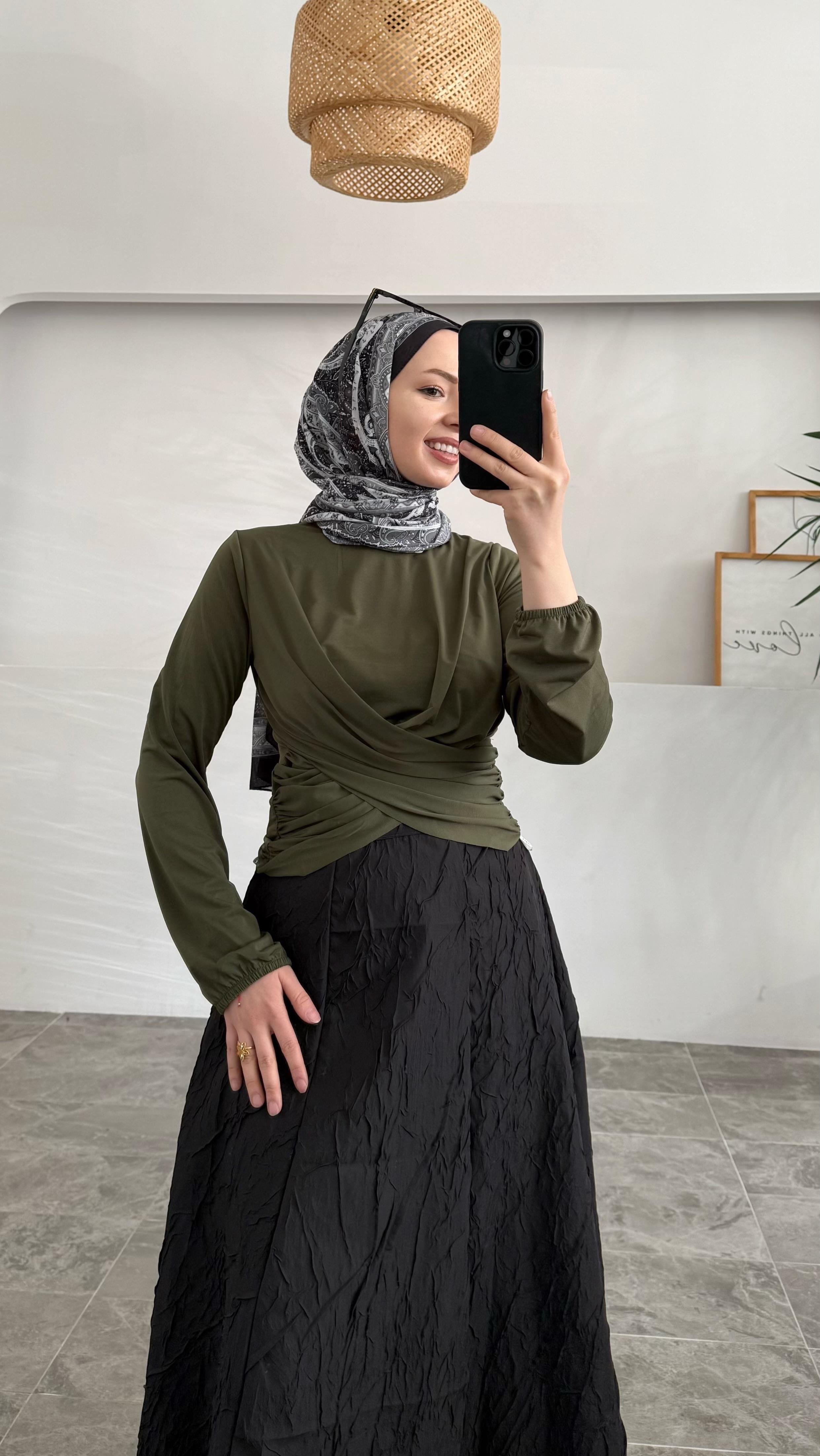 Sannan Çift Drapeli Haki Bluz