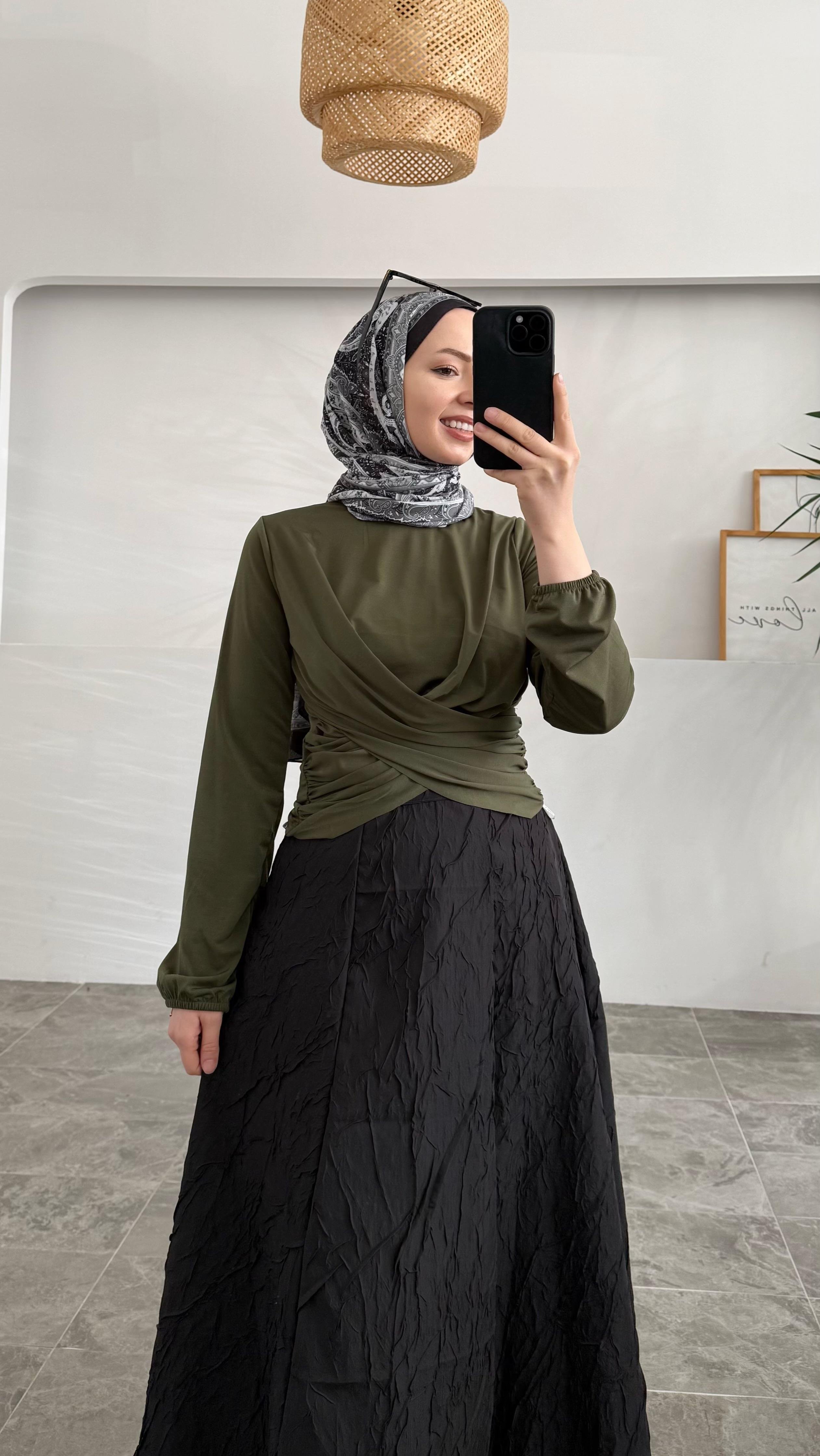 Sannan Çift Drapeli Haki Bluz