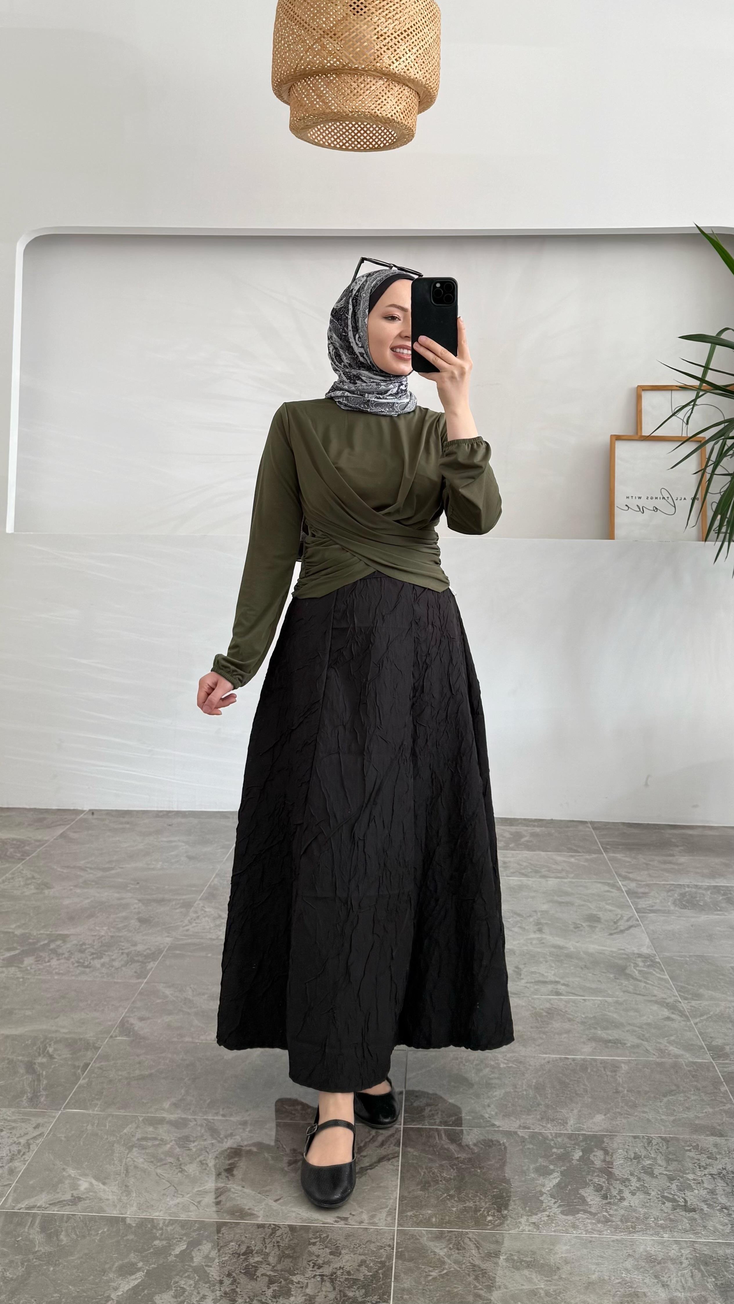 Sannan Çift Drapeli Haki Bluz