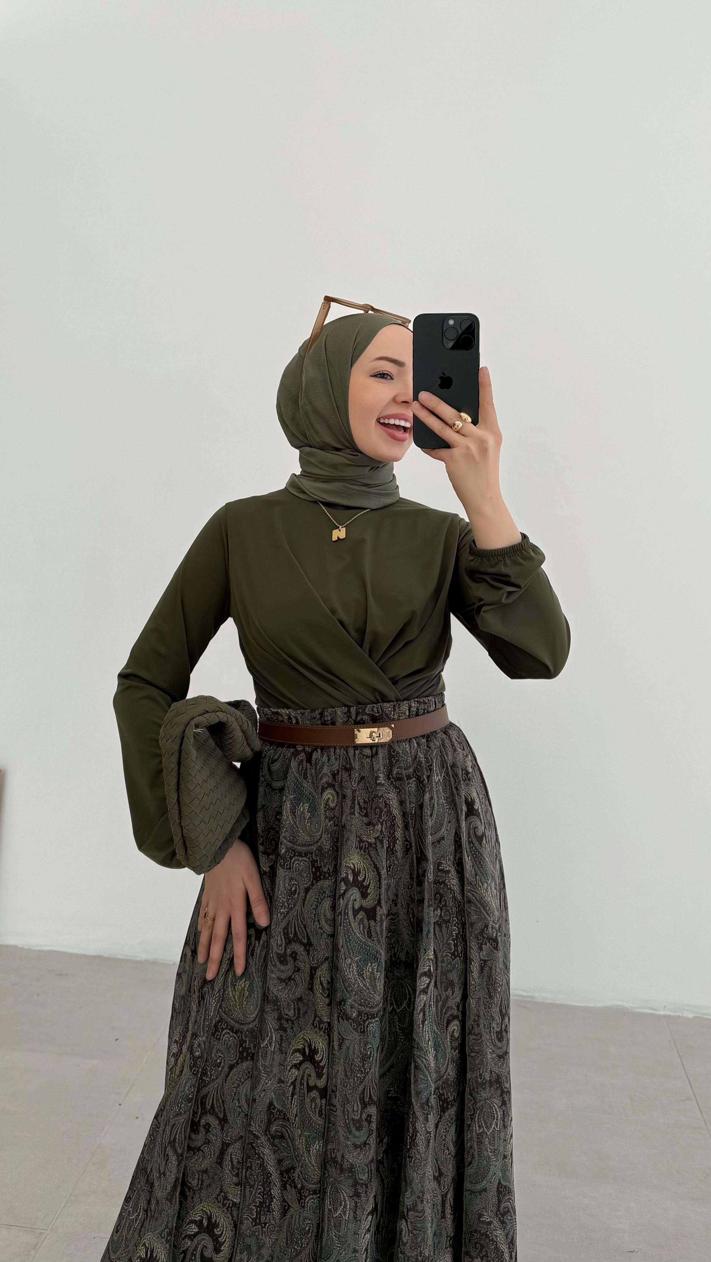 Sannan Çift Drapeli Haki Bluz