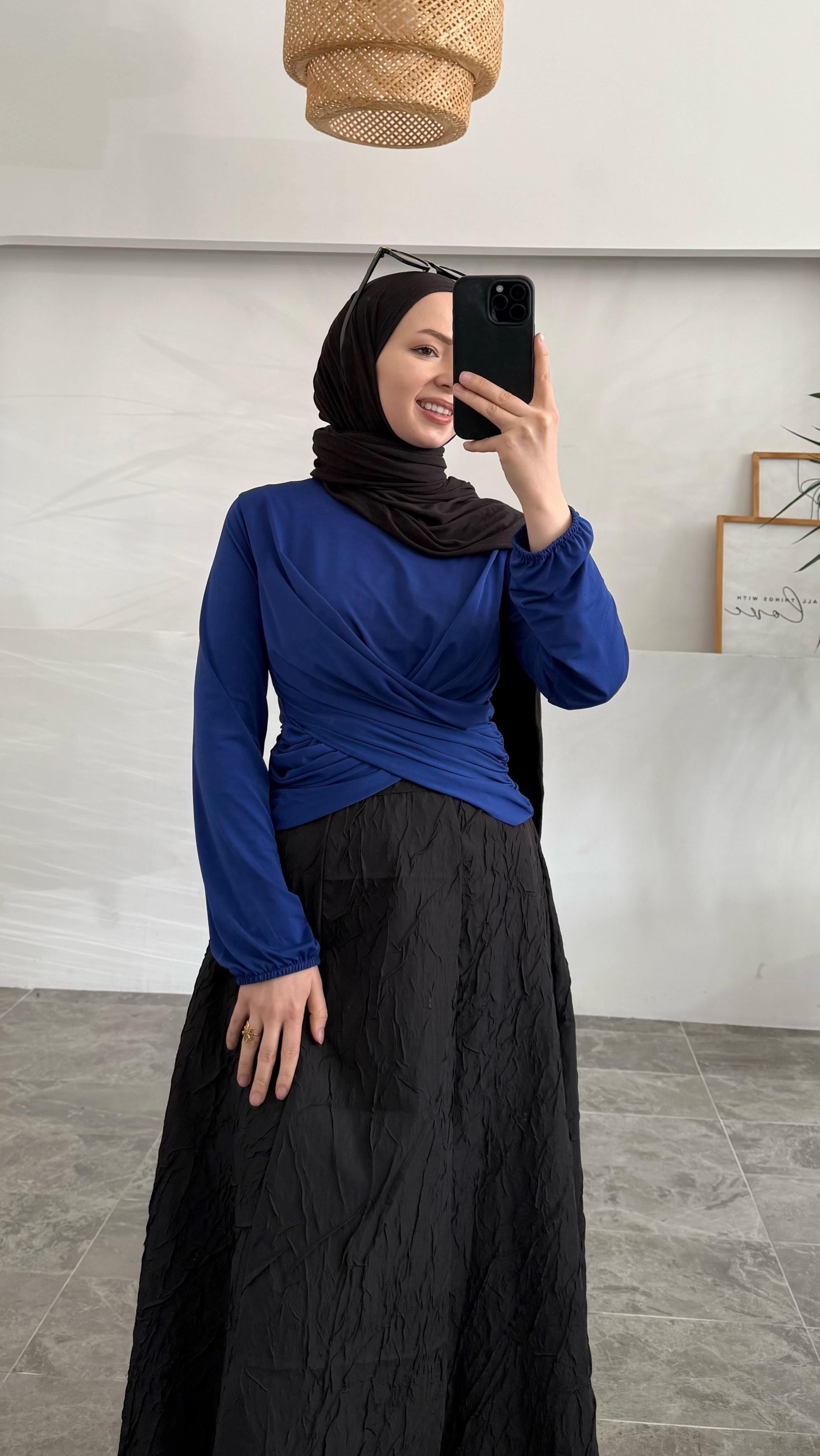 Sannan Çift Drapeli Saks Bluz