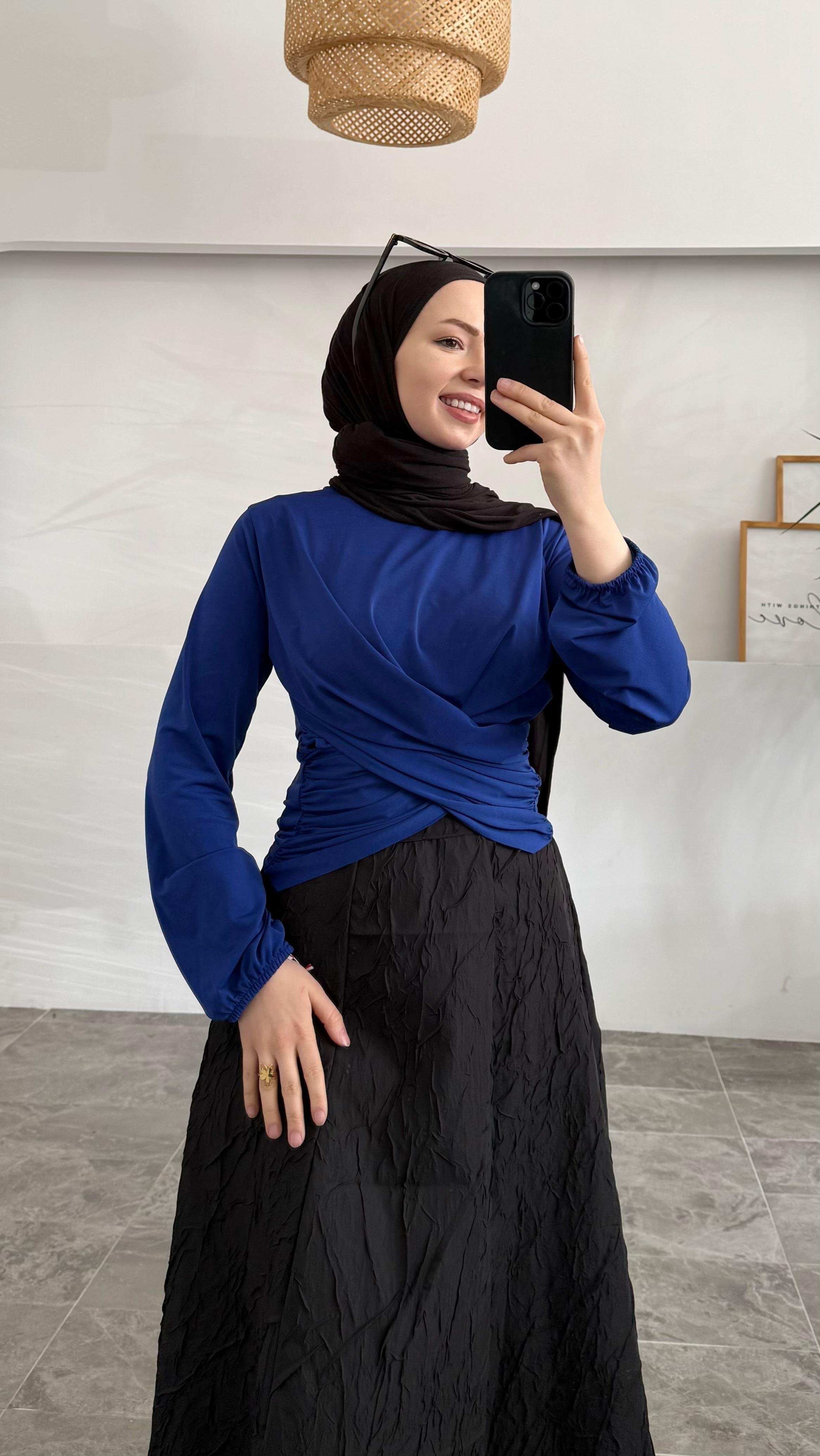 Sannan Çift Drapeli Saks Bluz