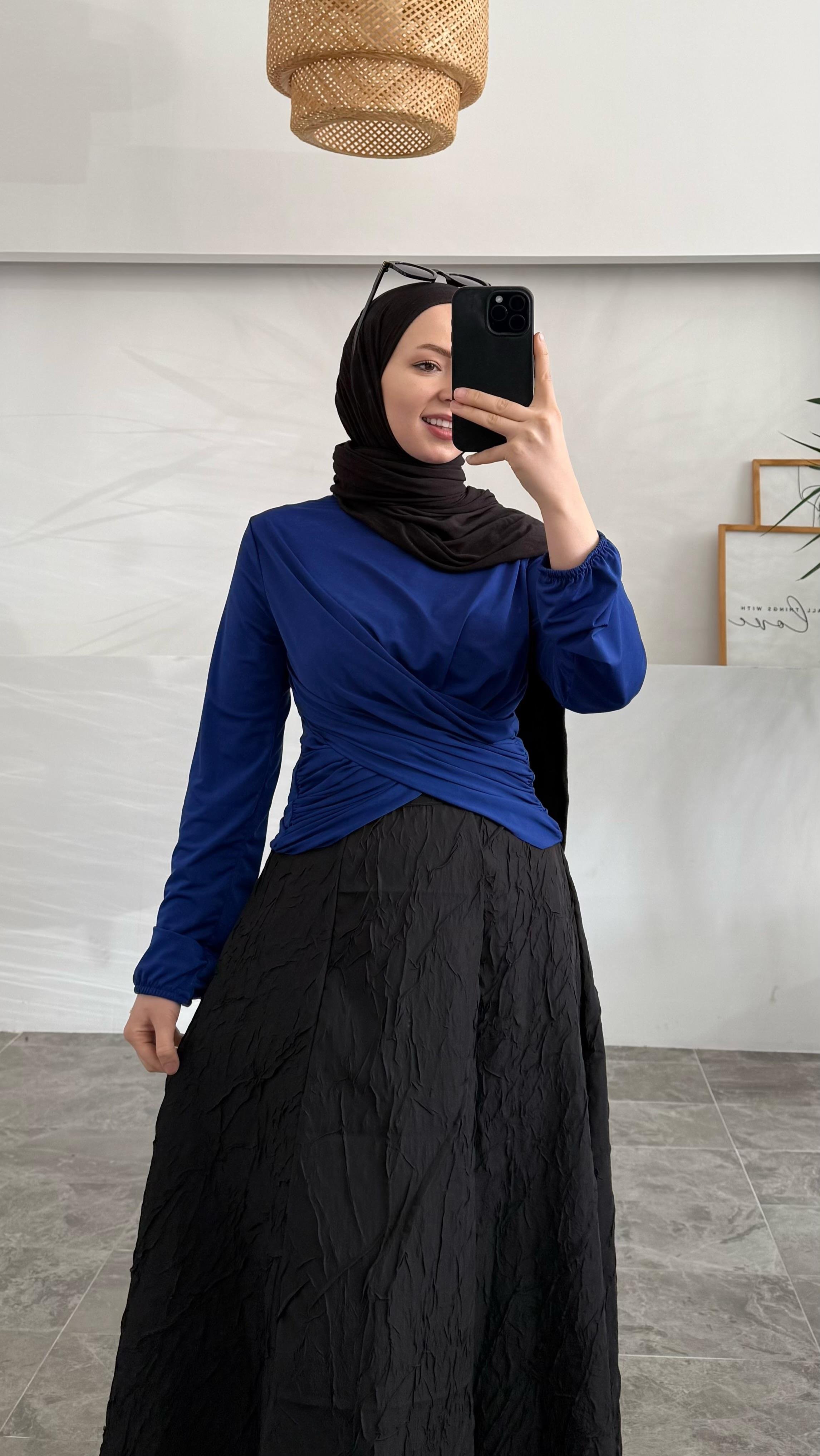 Sannan Çift Drapeli Saks Bluz