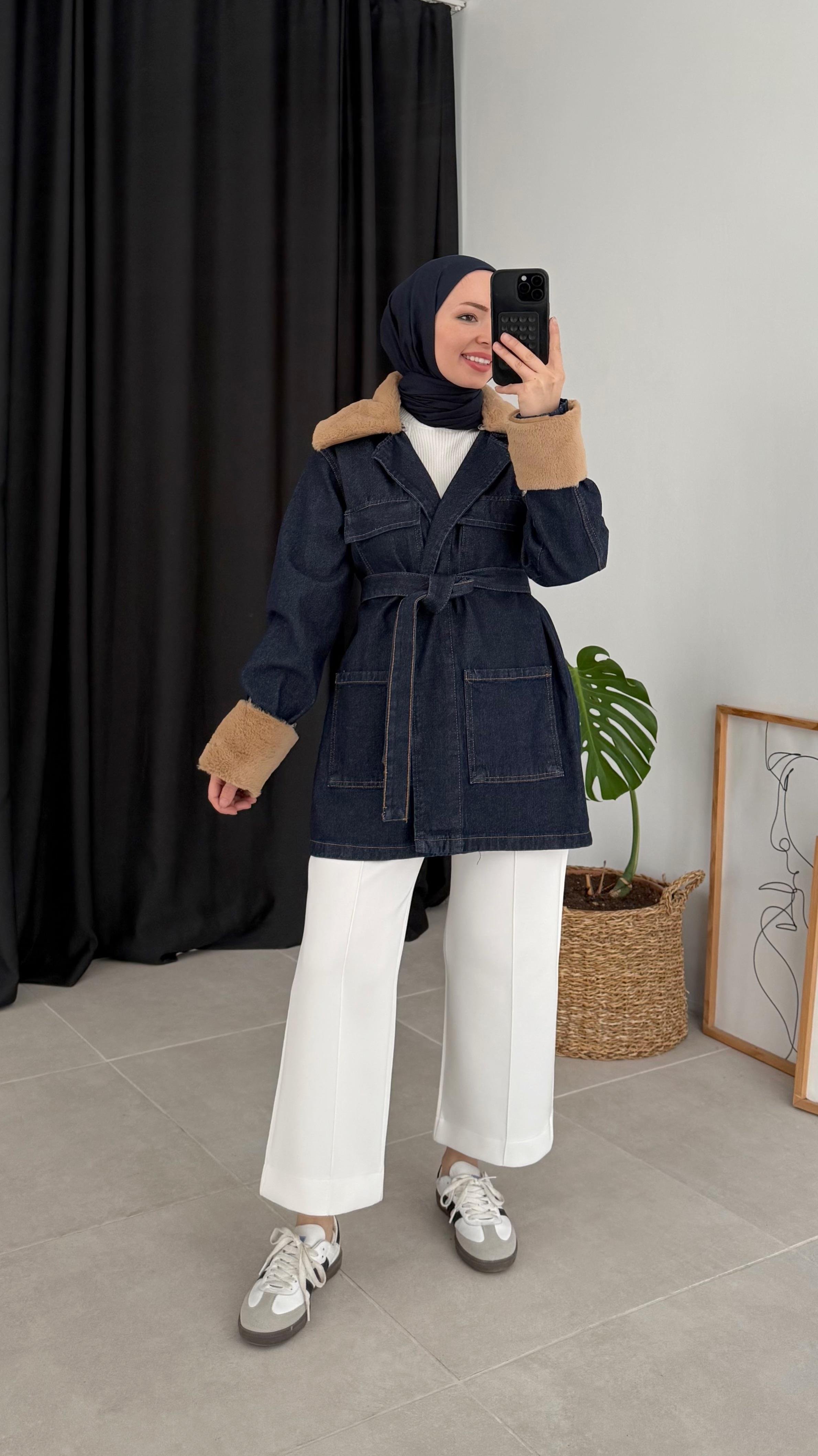 Sanni Kürklü Lacivert Kot Ceket 