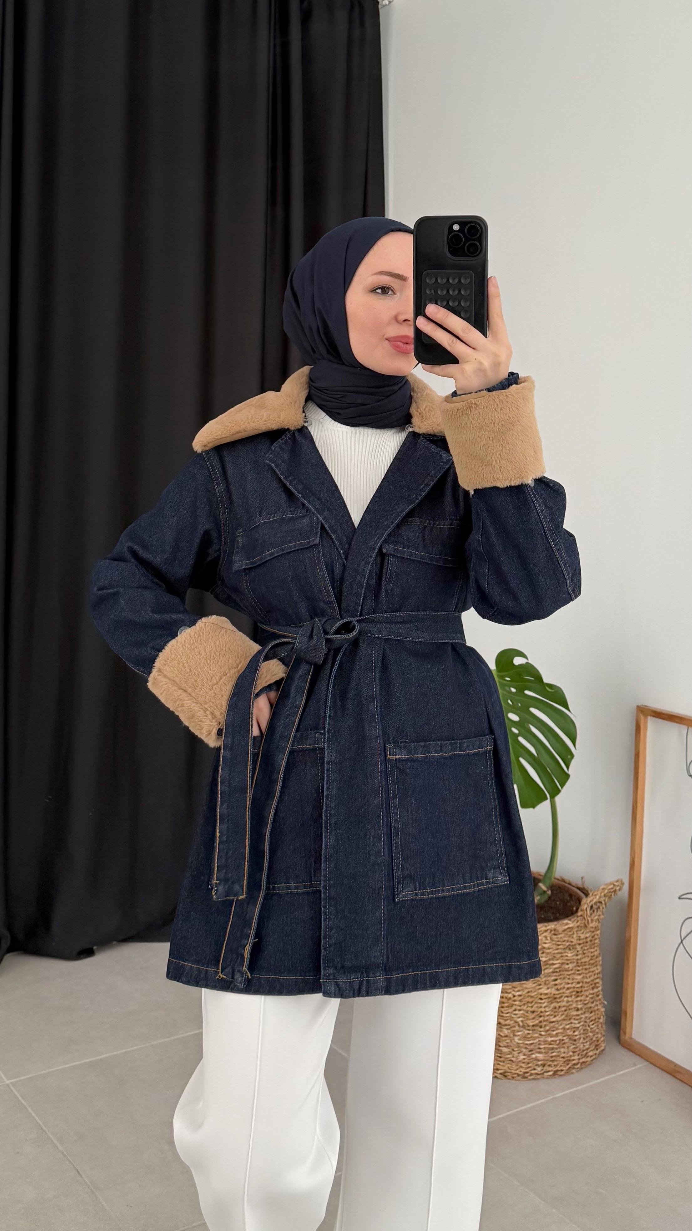 Sanni Kürklü Lacivert Kot Ceket 