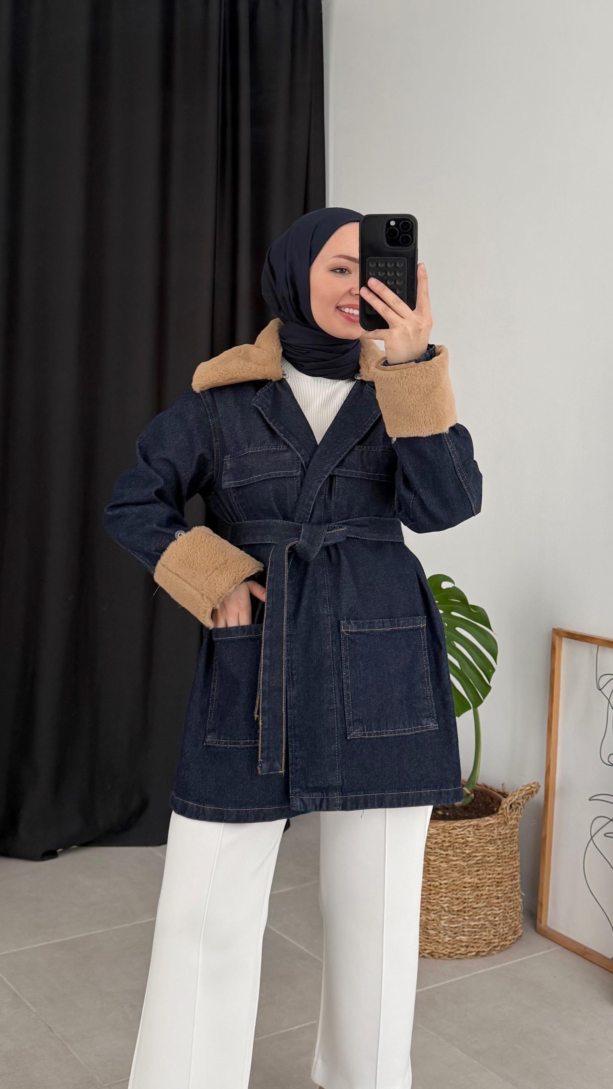 Sanni Kürklü Lacivert Kot Ceket 