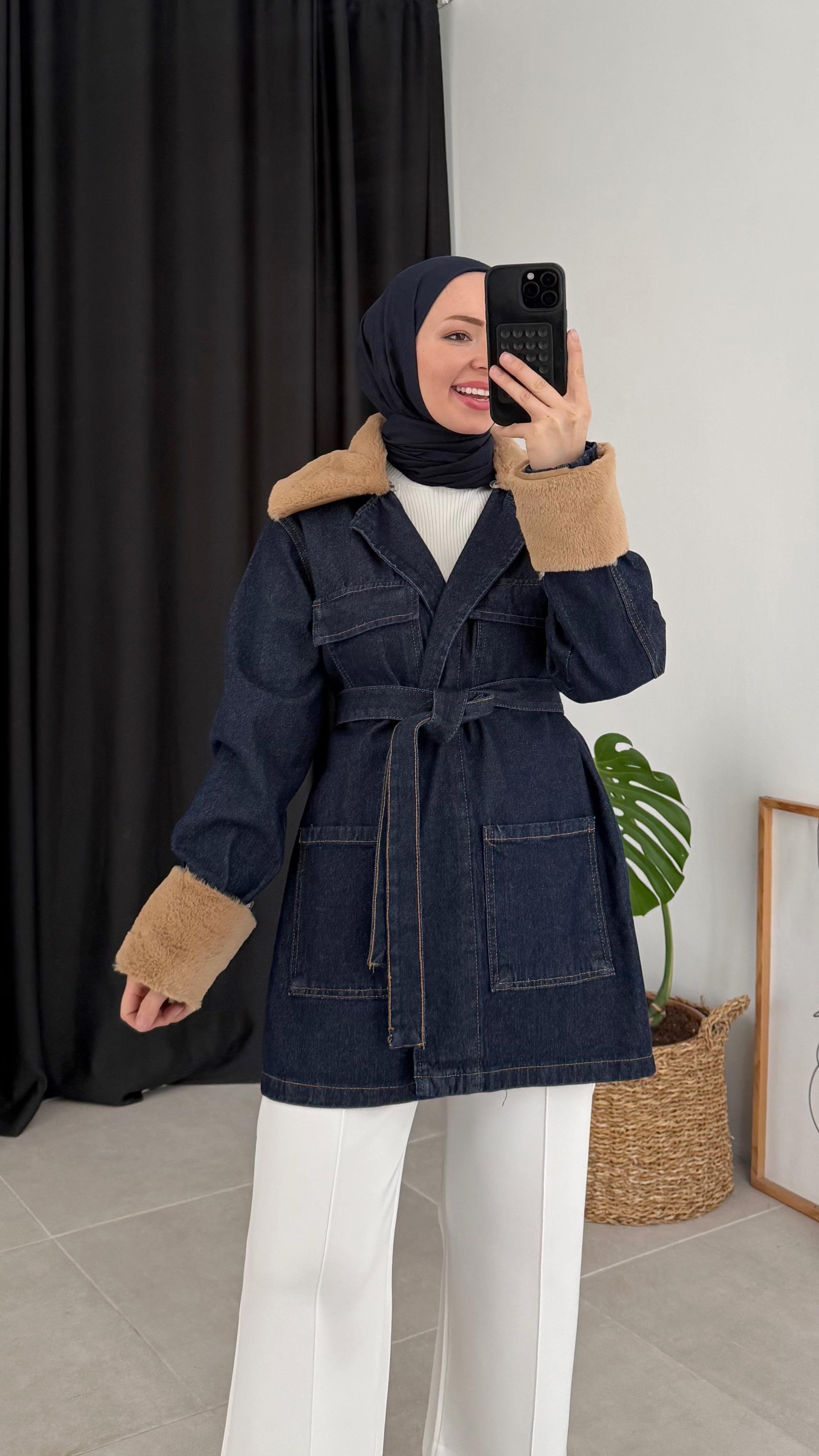 Sanni Kürklü Lacivert Kot Ceket 