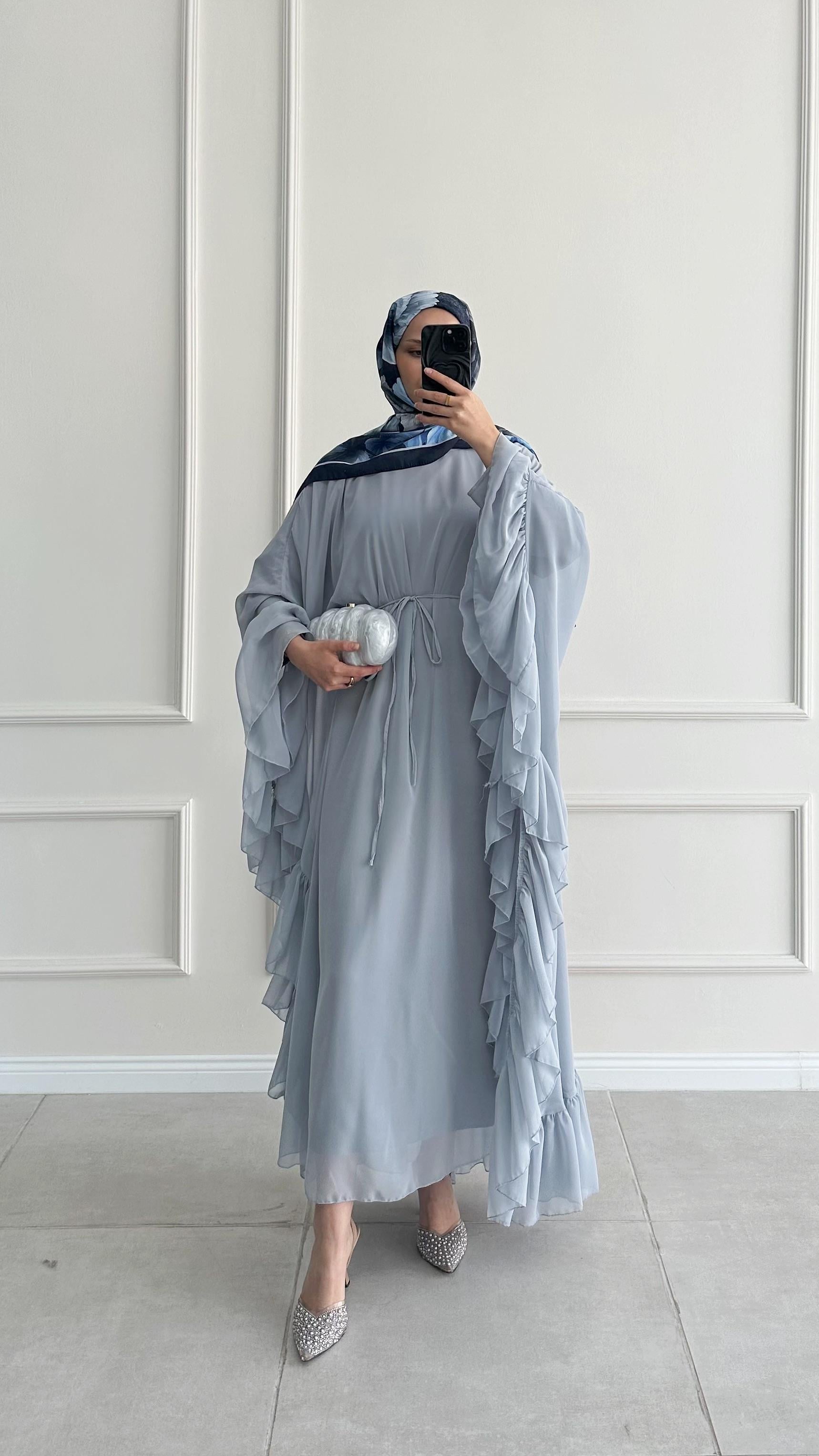 Santov Şifon Tasarım Fırfırlı Asimetrik Bebe Mavi Abaya 