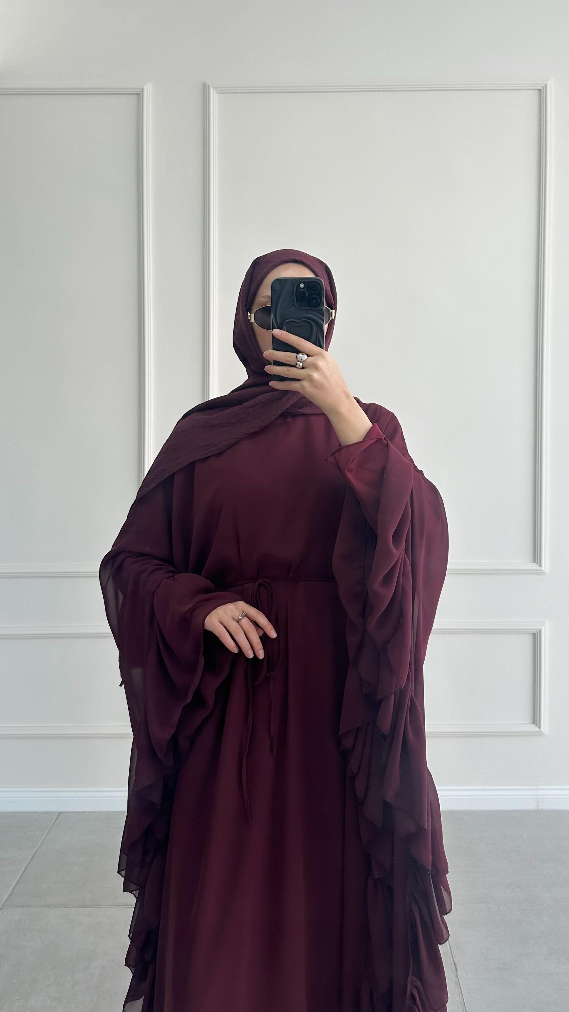 Santov Şifon Tasarım Fırfırlı Asimetrik Bordo Abaya 