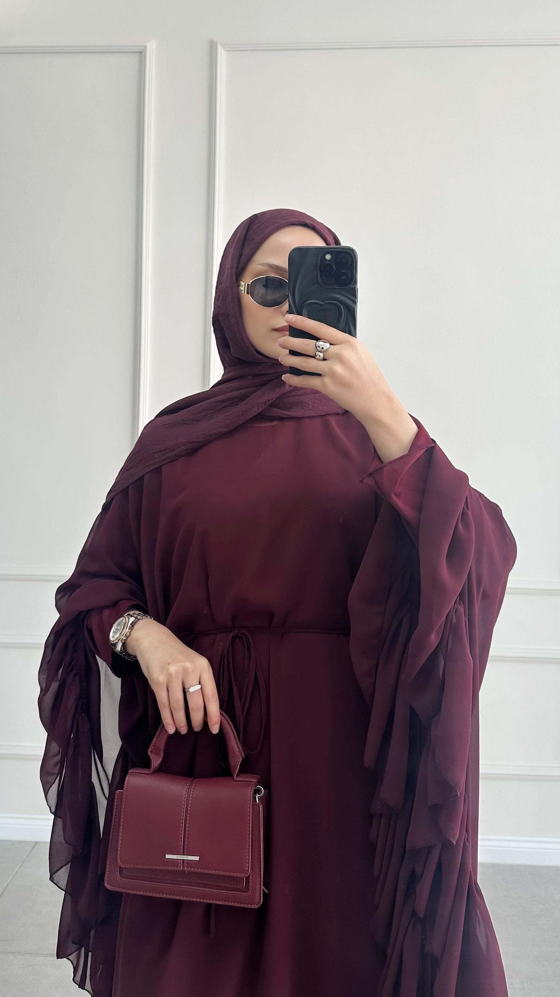 Santov Şifon Tasarım Fırfırlı Asimetrik Bordo Abaya 