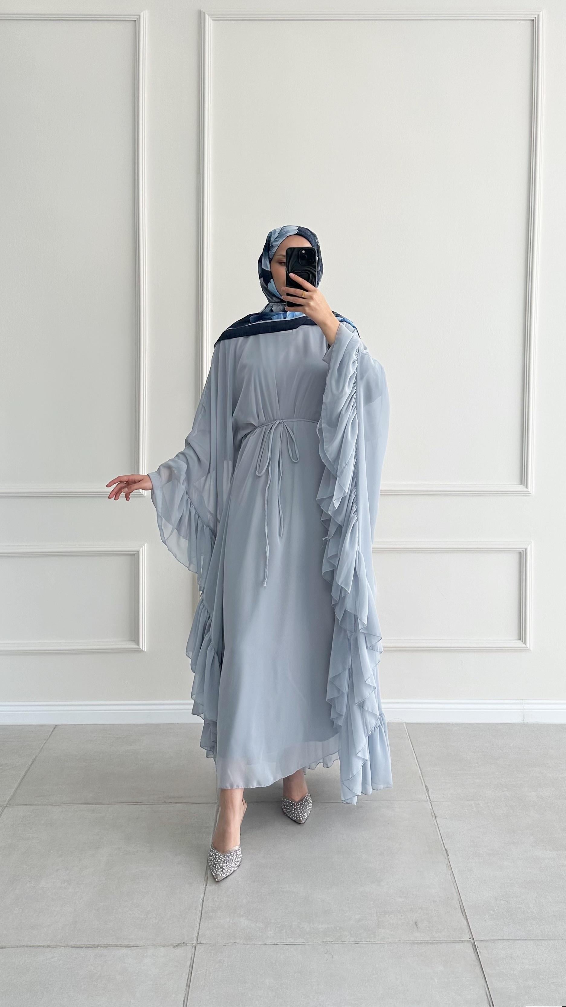 Santov Şifon Tasarım Fırfırlı Asimetrik Bebe Mavi Abaya 