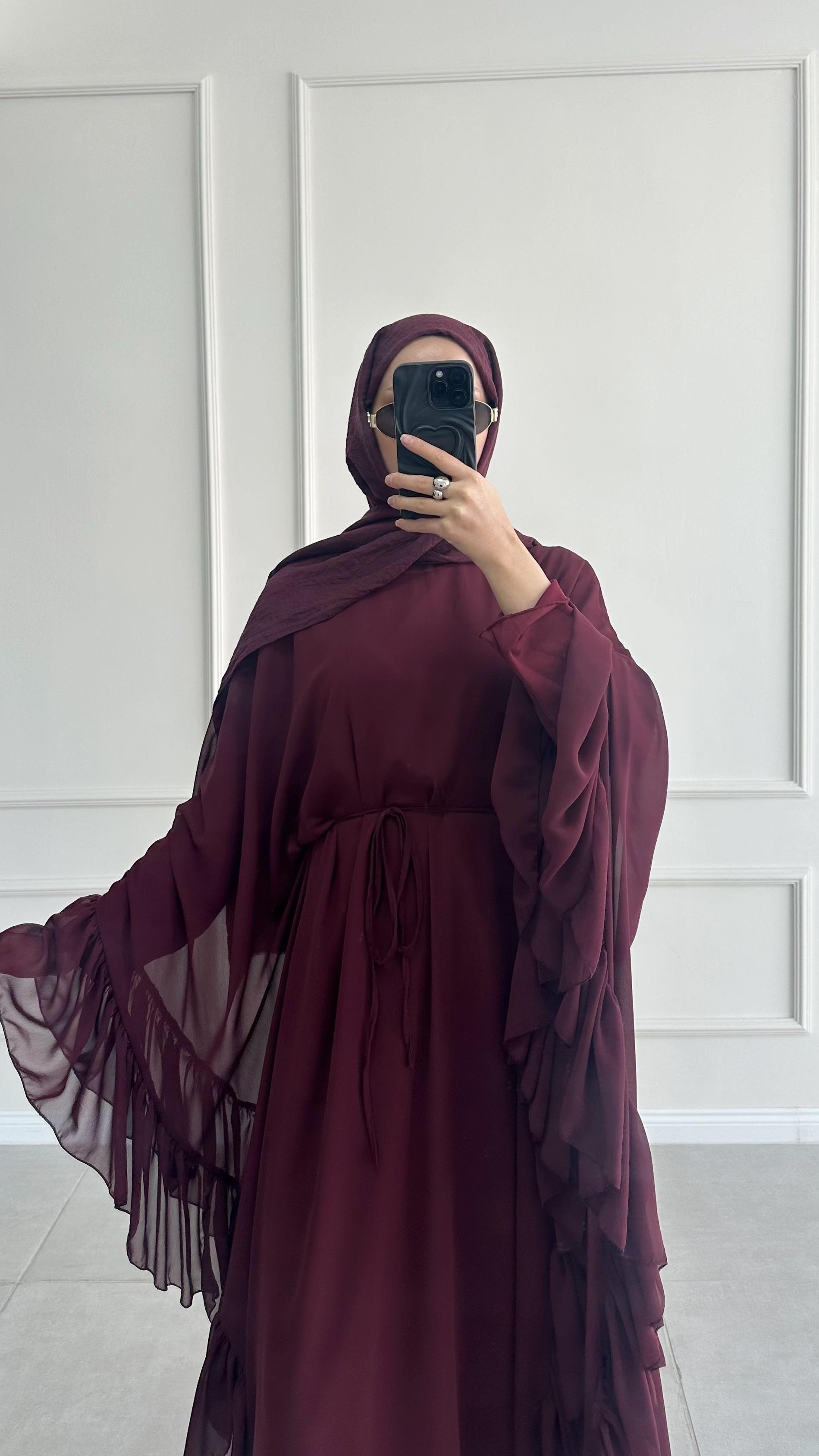 Santov Şifon Tasarım Fırfırlı Asimetrik Bordo Abaya 