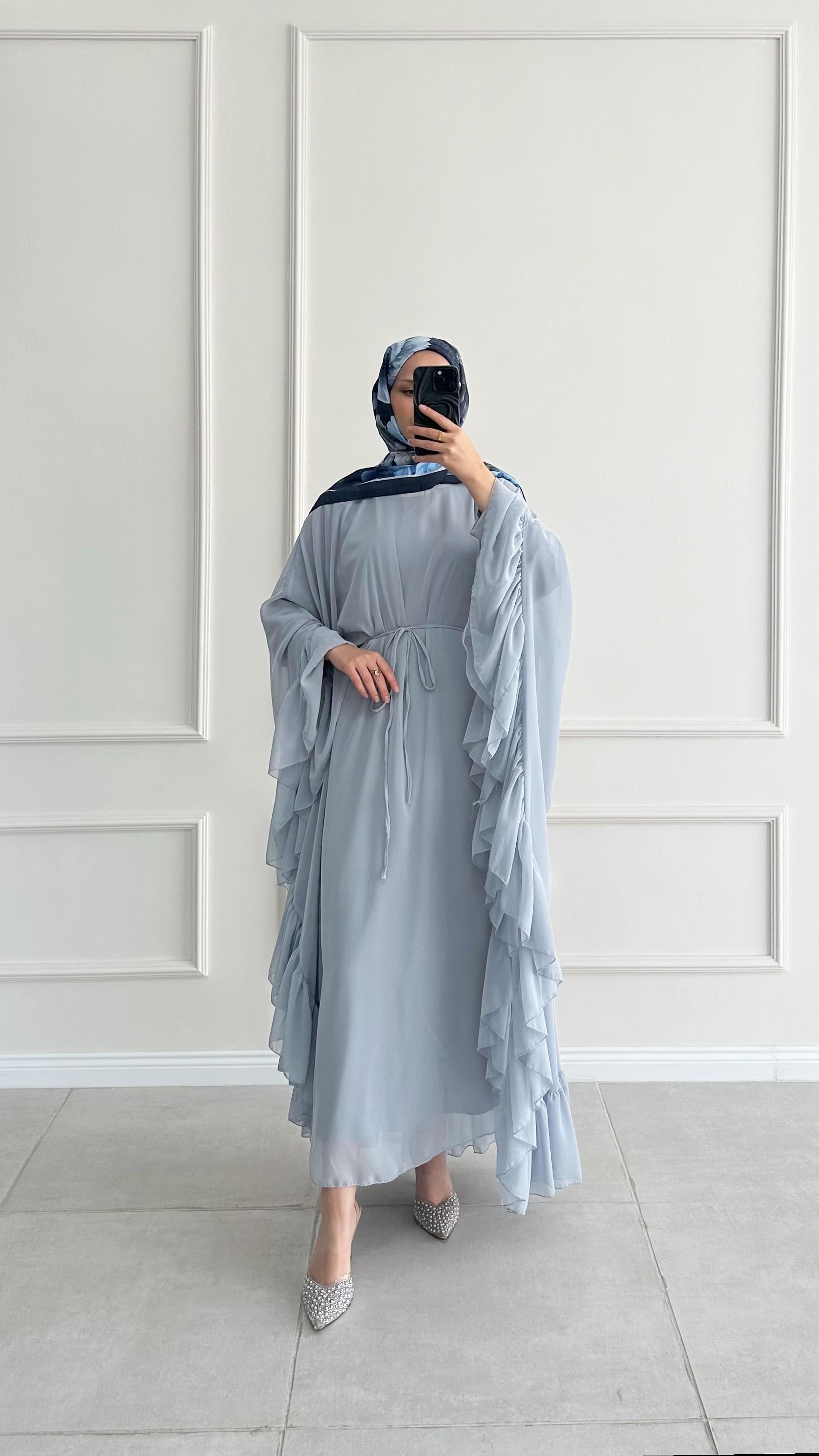 Santov Şifon Tasarım Fırfırlı Asimetrik Bebe Mavi Abaya 