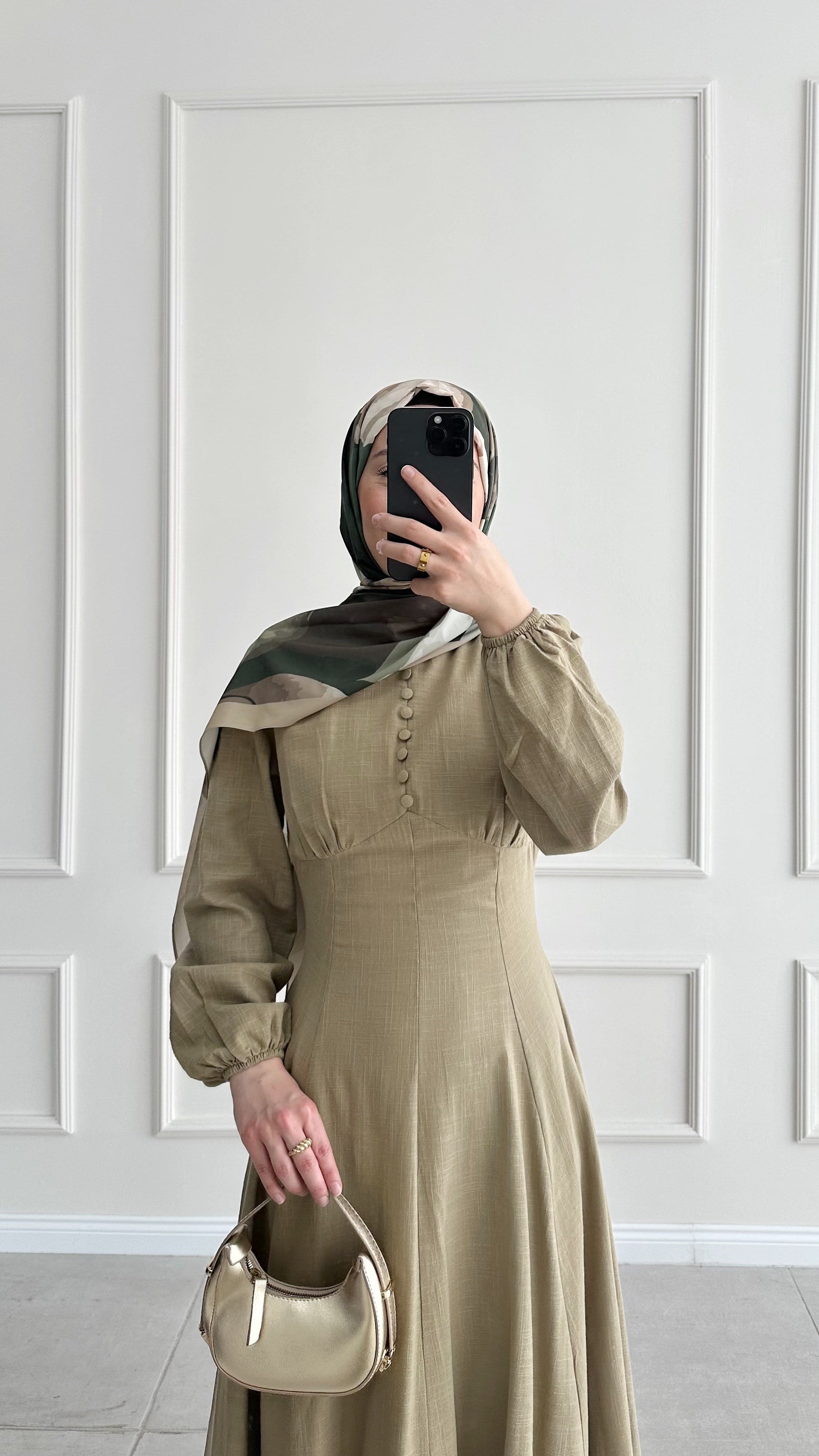 Sara Pile Detaylı Keten Haki Elbise