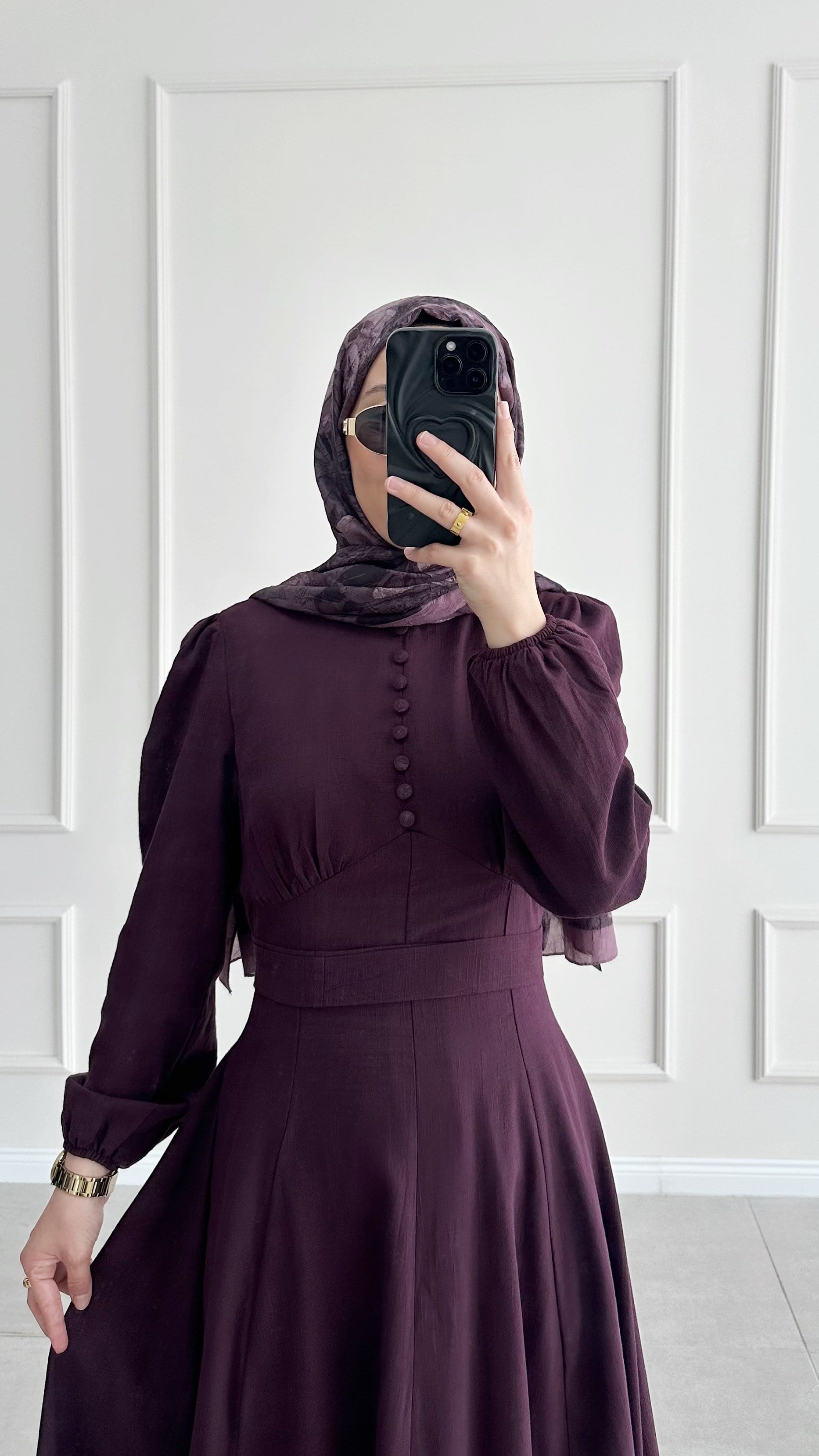 Sara Pile Detaylı Keten Mürdüm Elbise