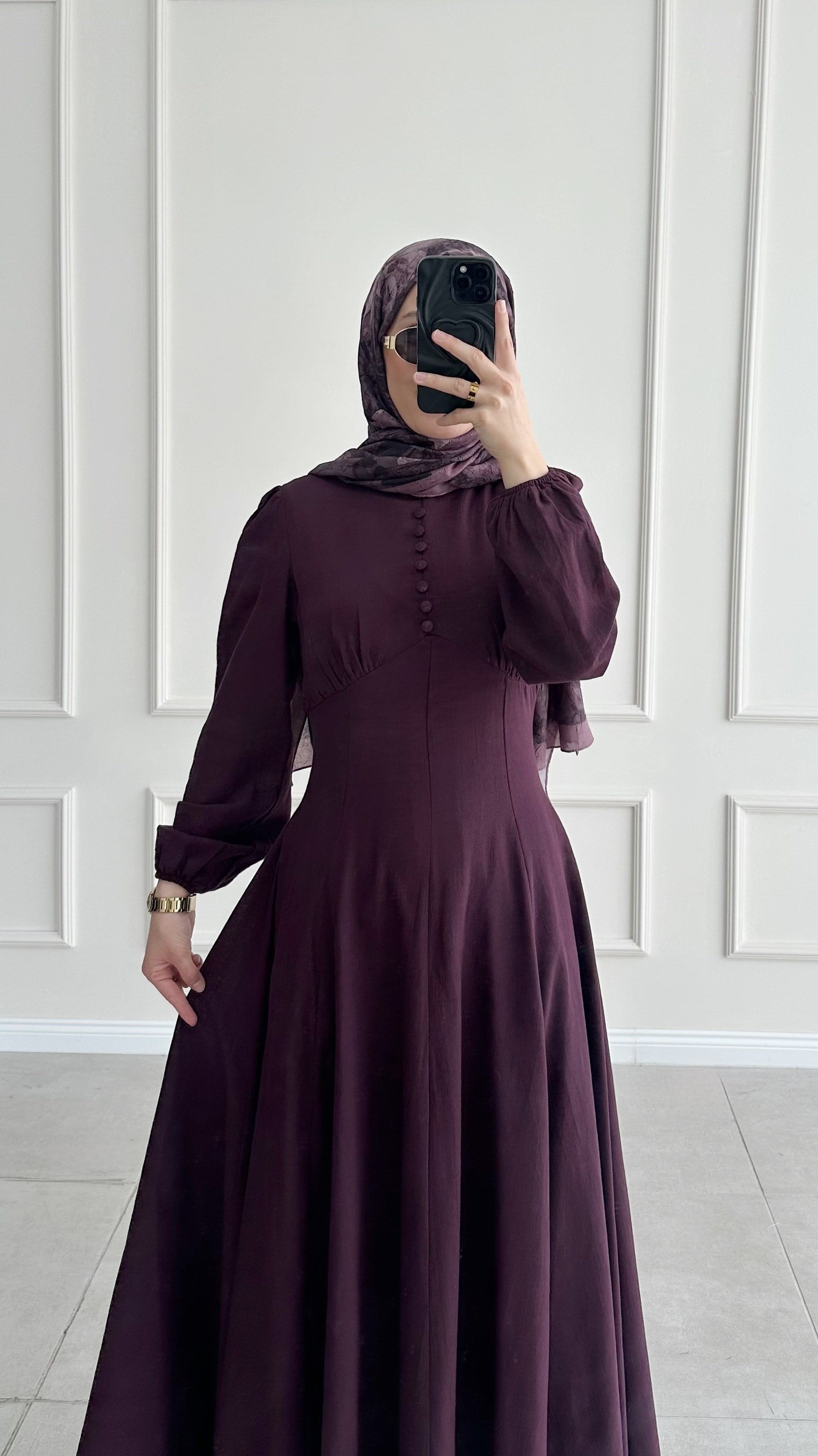 Sara Pile Detaylı Keten Mürdüm Elbise