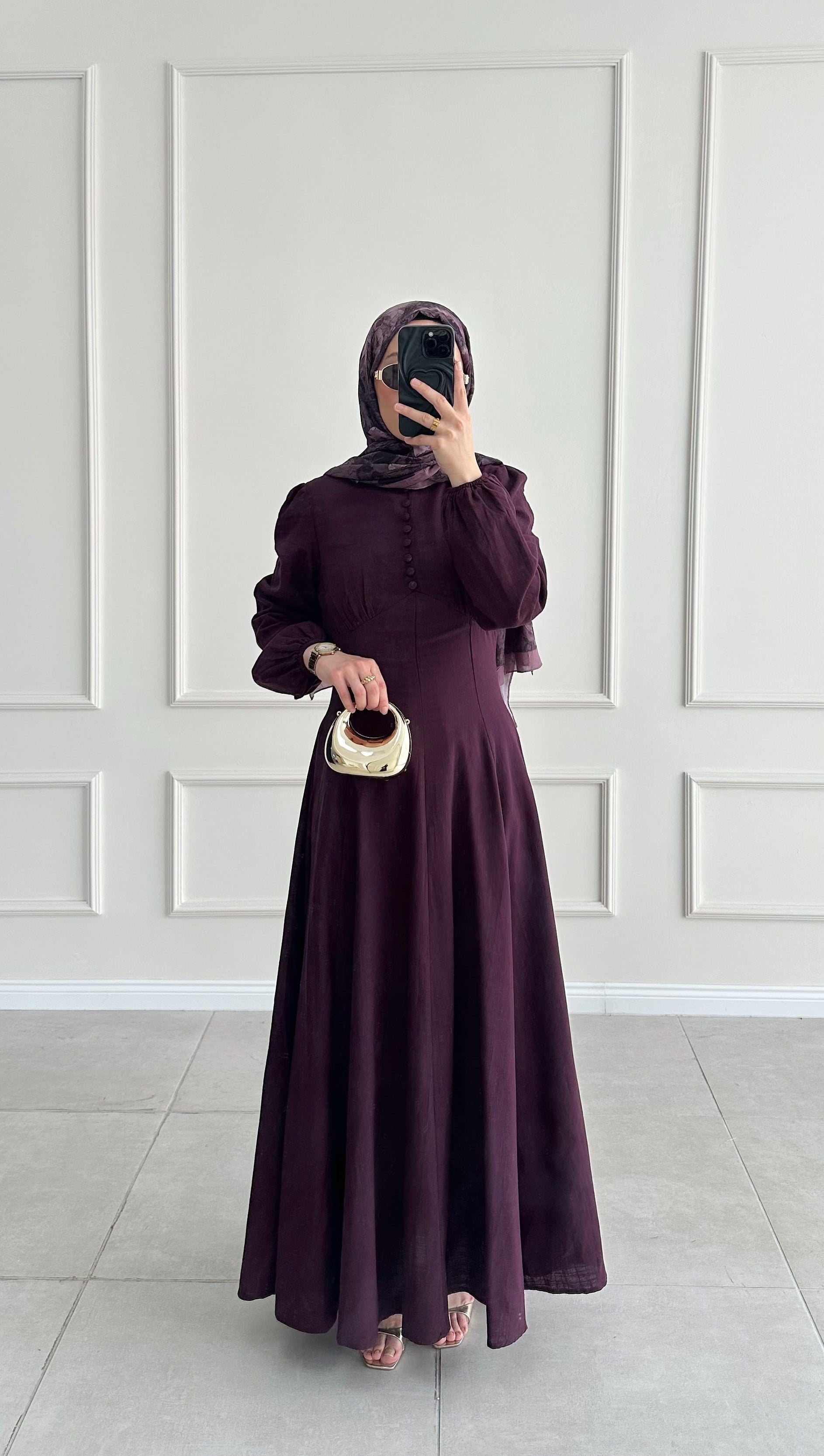Sara Pile Detaylı Keten Mürdüm Elbise