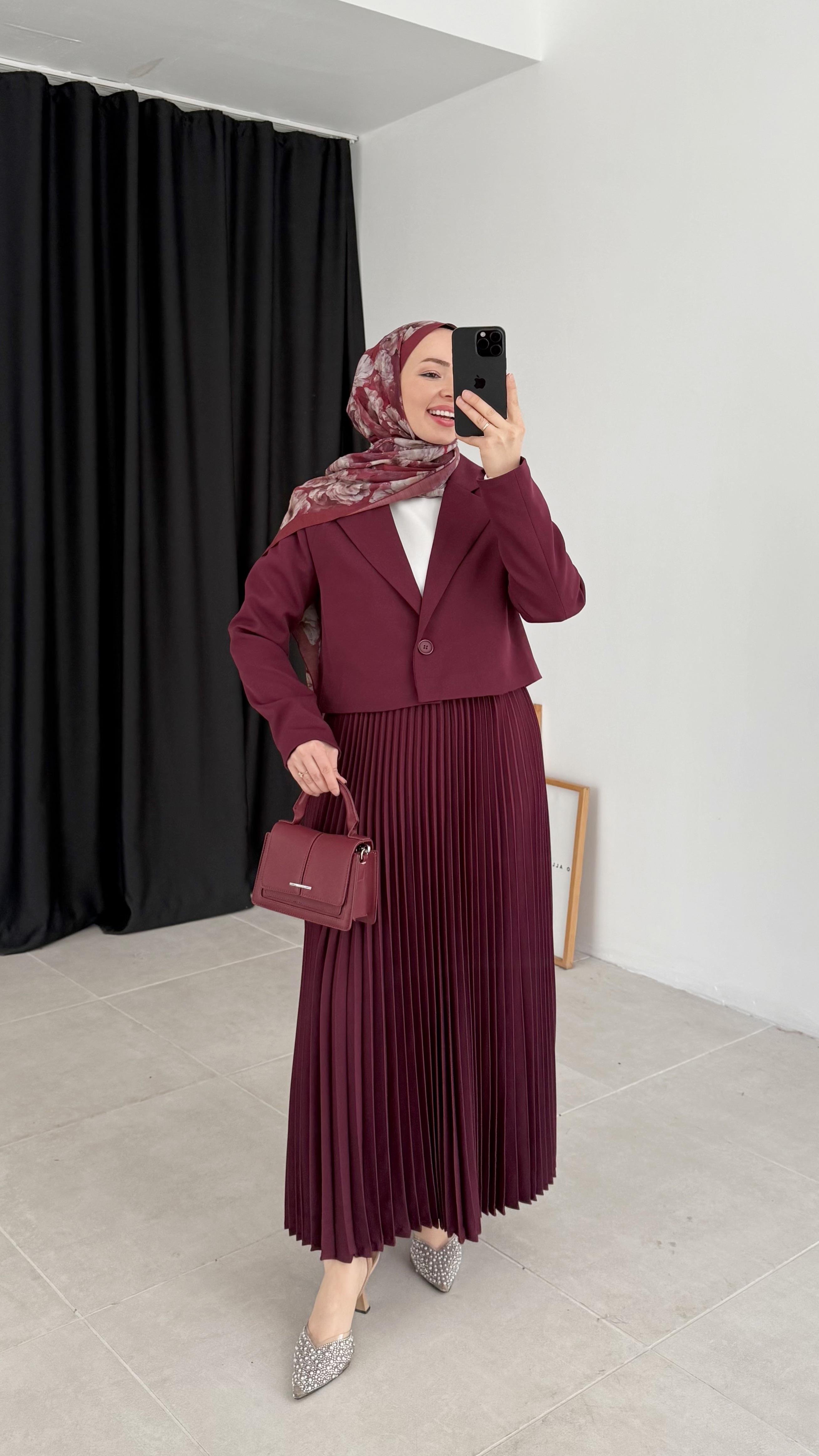 Sara Premıum Piliseli Bordo Ceket Takım