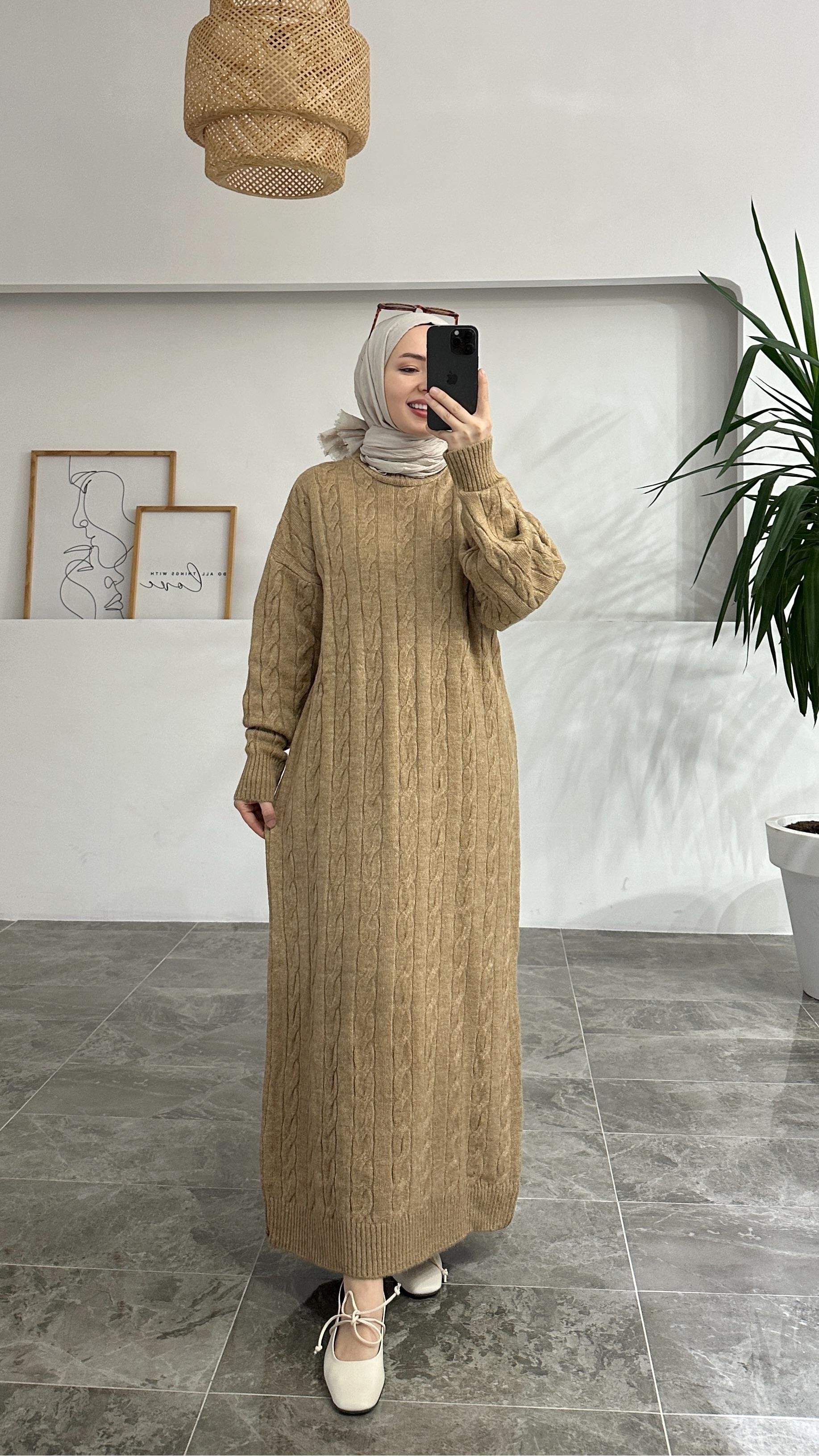 Semis Örgü Model Sütlü Kahve Triko Elbise