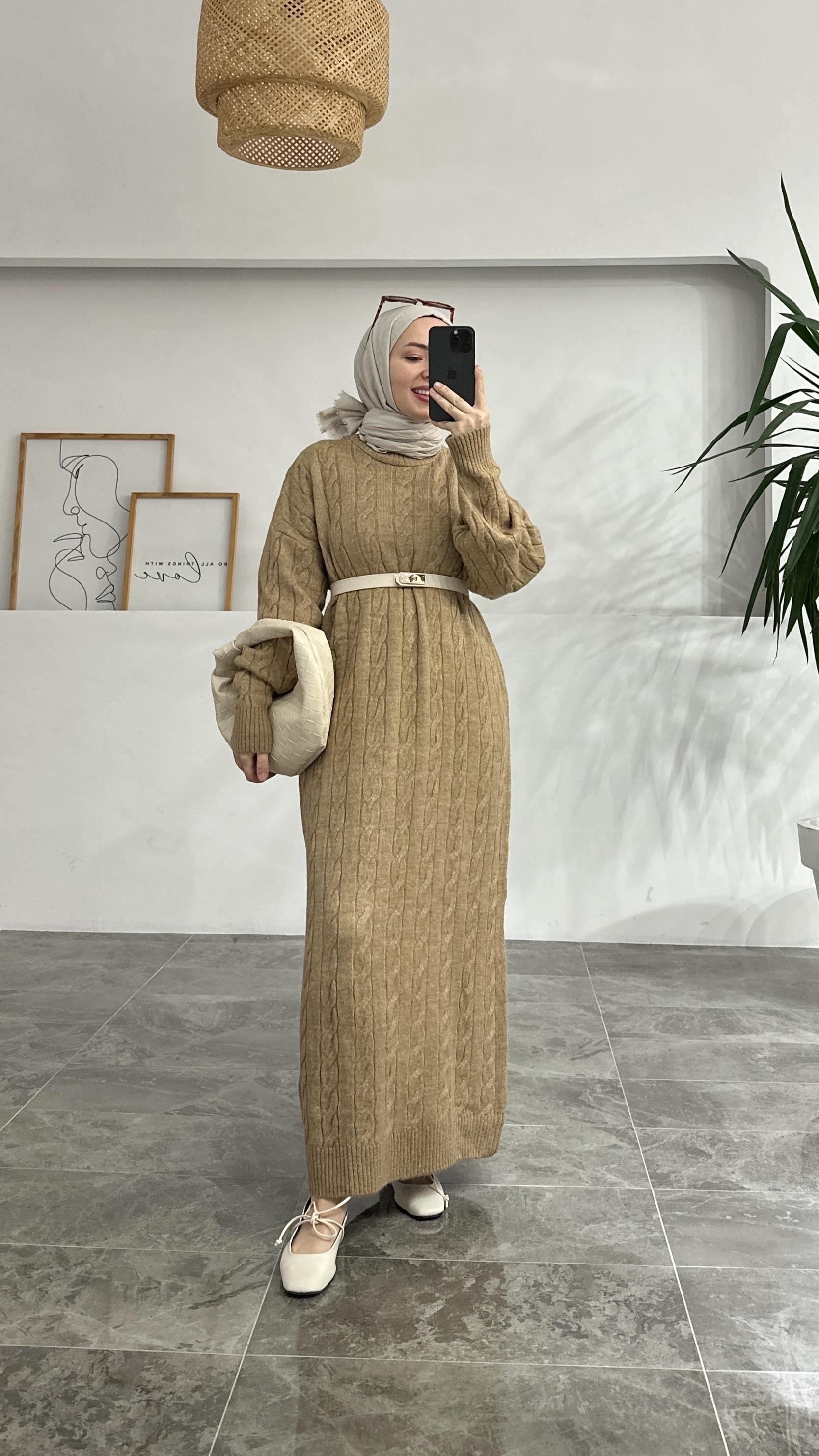 Semis Örgü Model Sütlü Kahve Triko Elbise