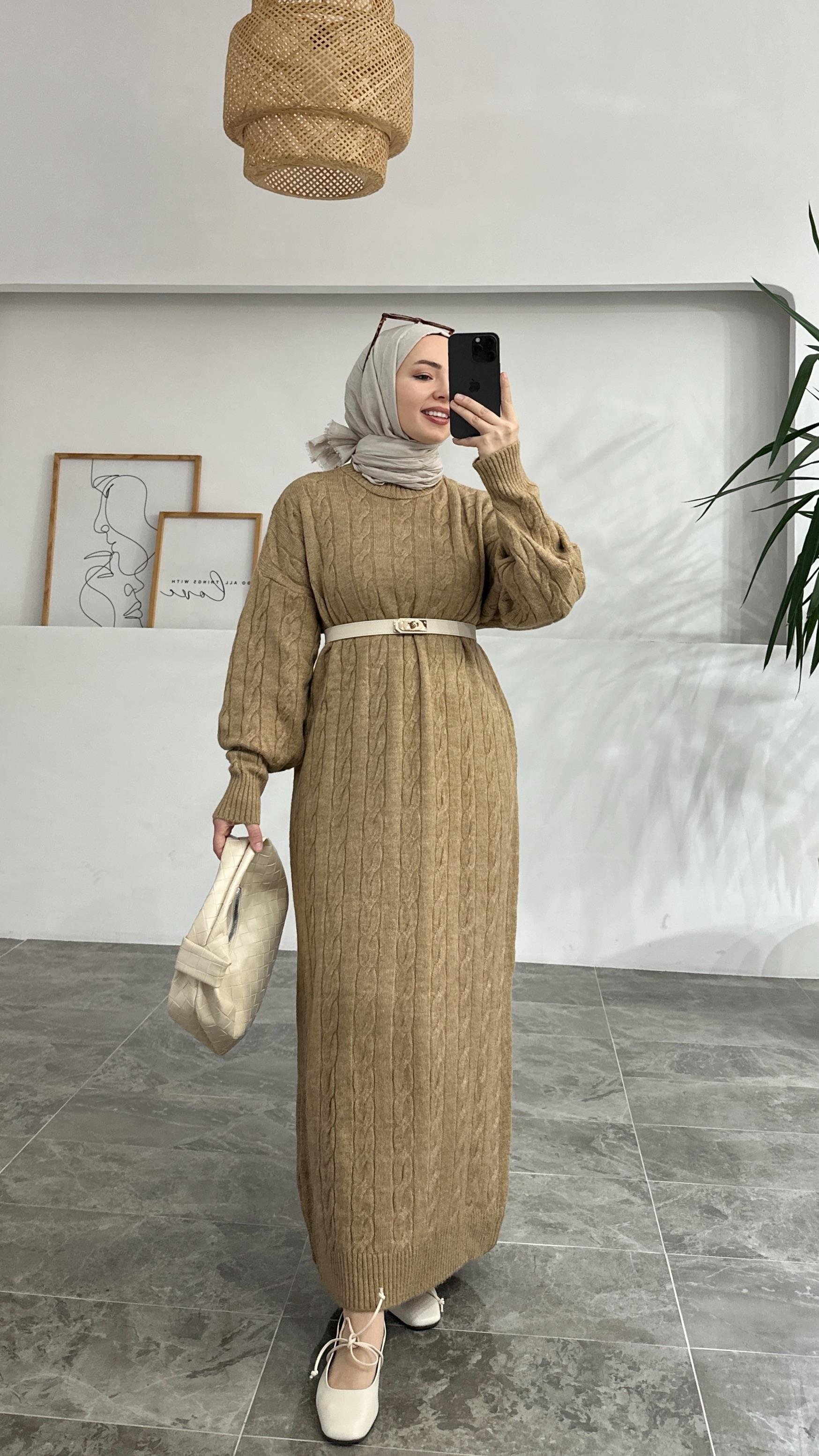 Semis Örgü Model Sütlü Kahve Triko Elbise