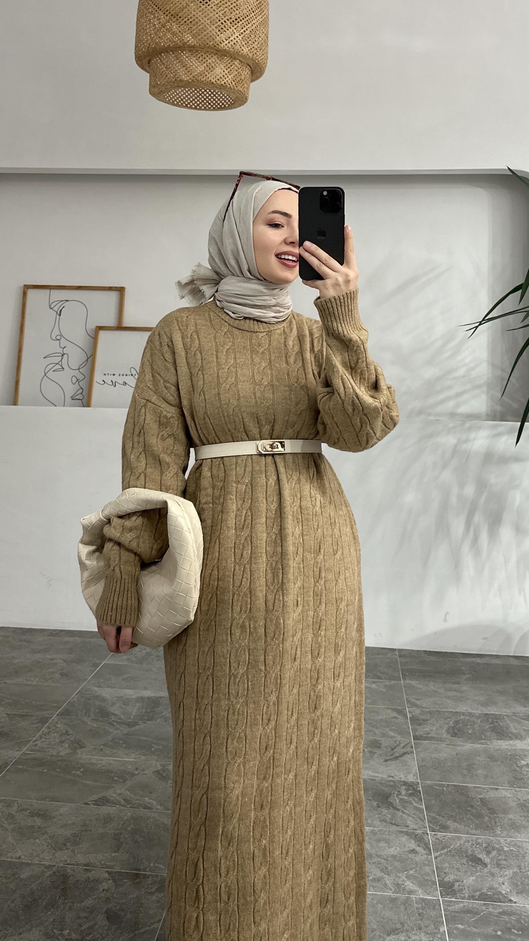 Semis Örgü Model Sütlü Kahve Triko Elbise