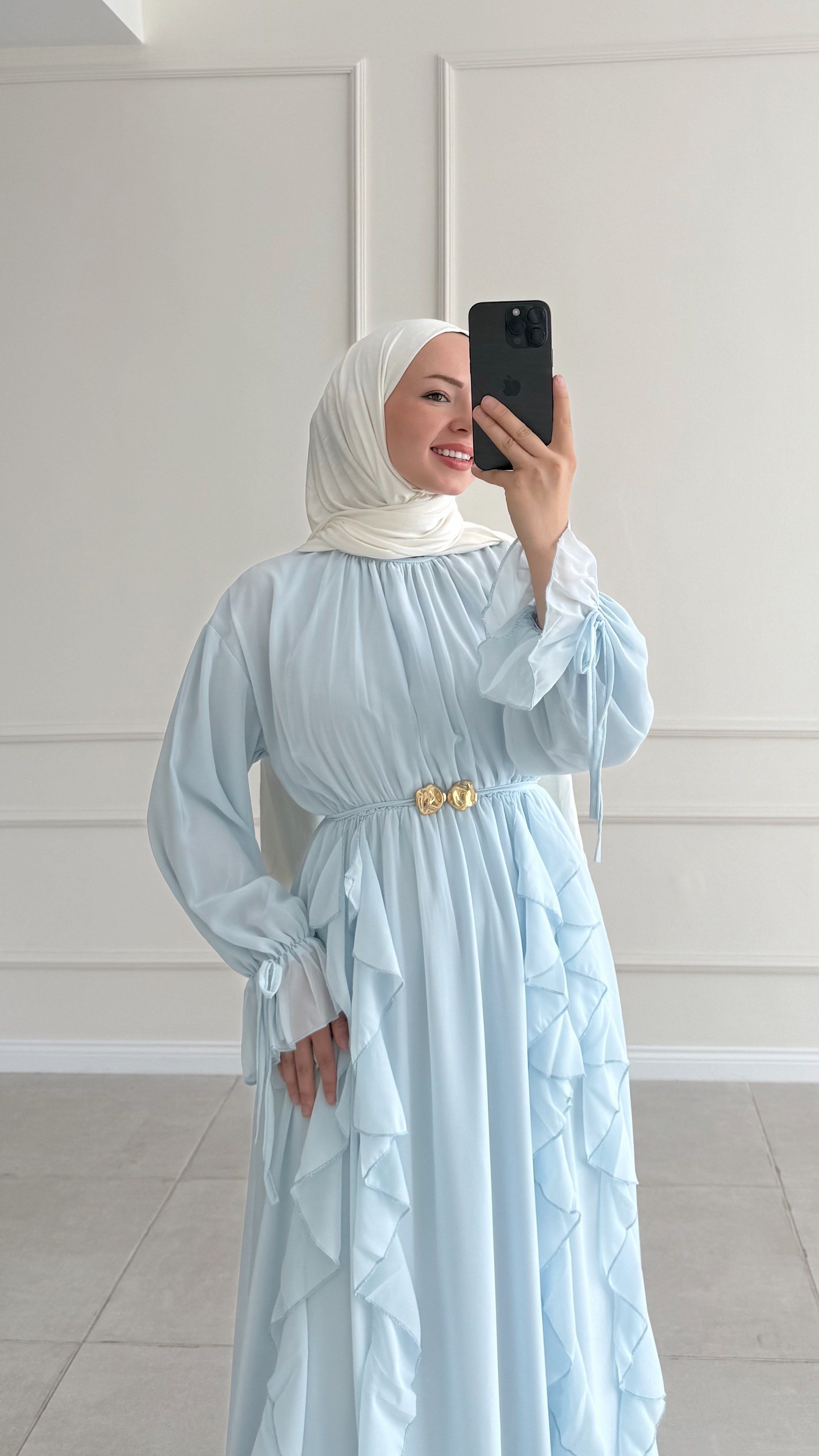 Şena Volanlı Şifon Mavi Elbise 
