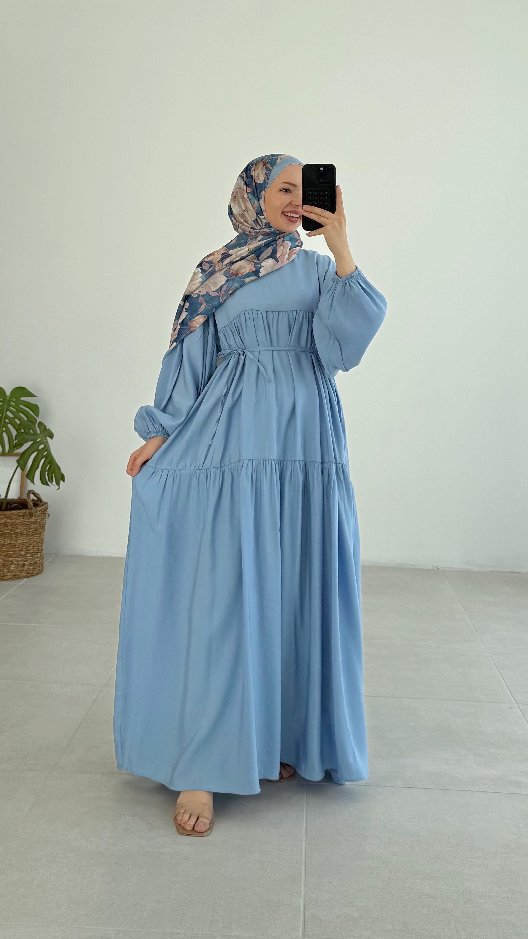 Snara Balon Kol Mavi Elbise