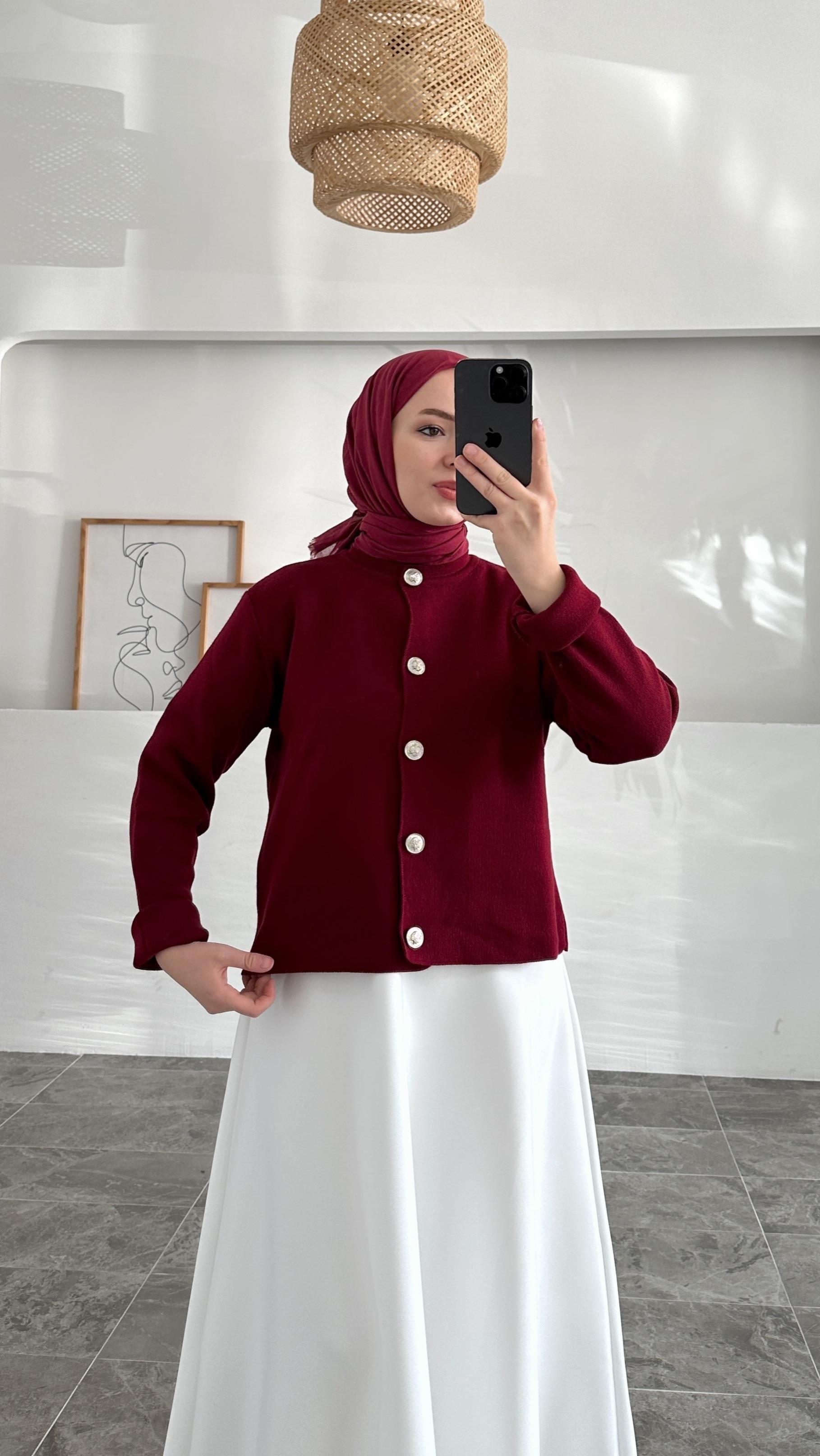 Ursula Zara Model Düz Bordo Kısa Gümüş Düğme Triko Hırka