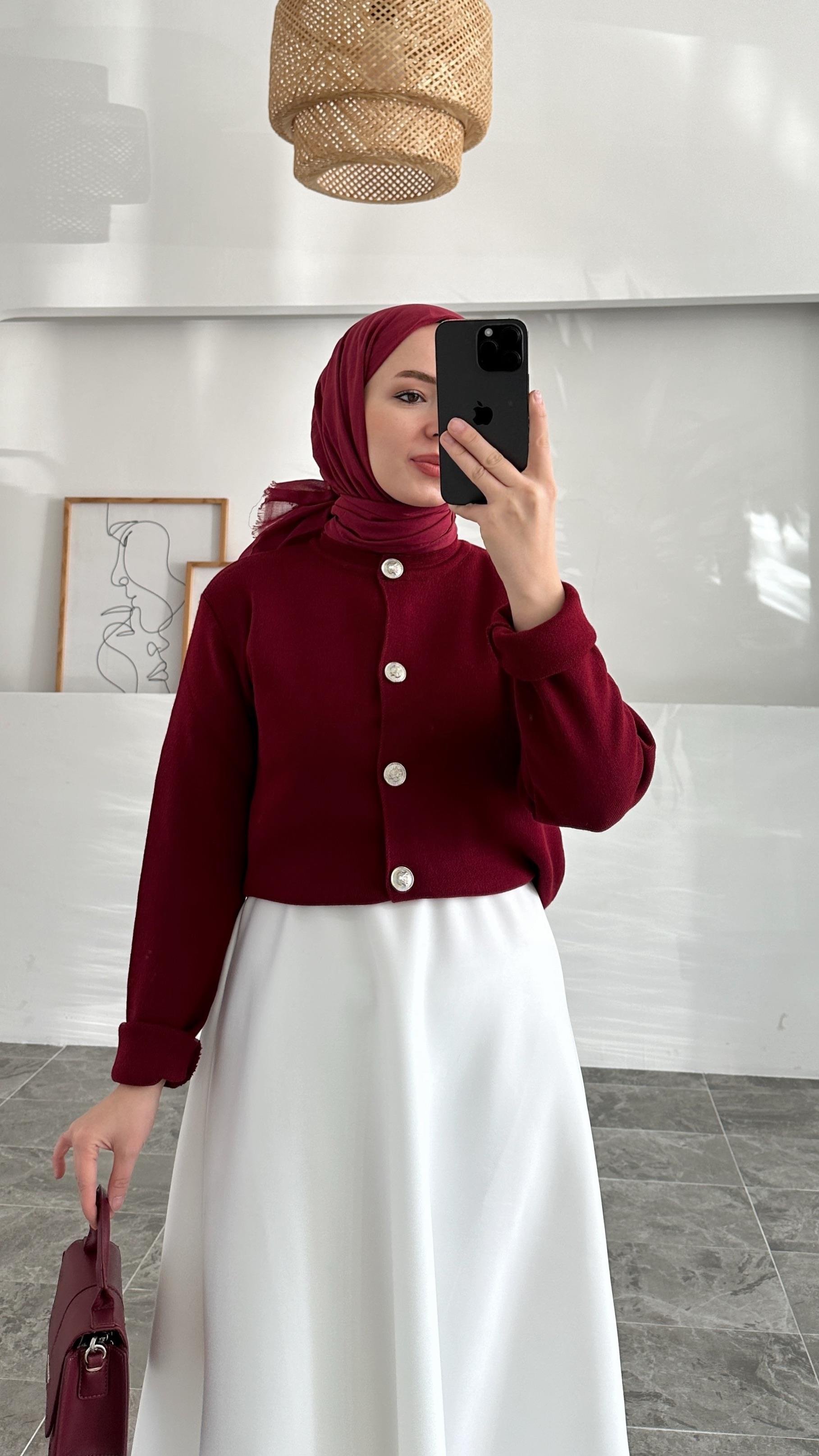 Ursula Zara Model Düz Bordo Kısa Gümüş Düğme Triko Hırka