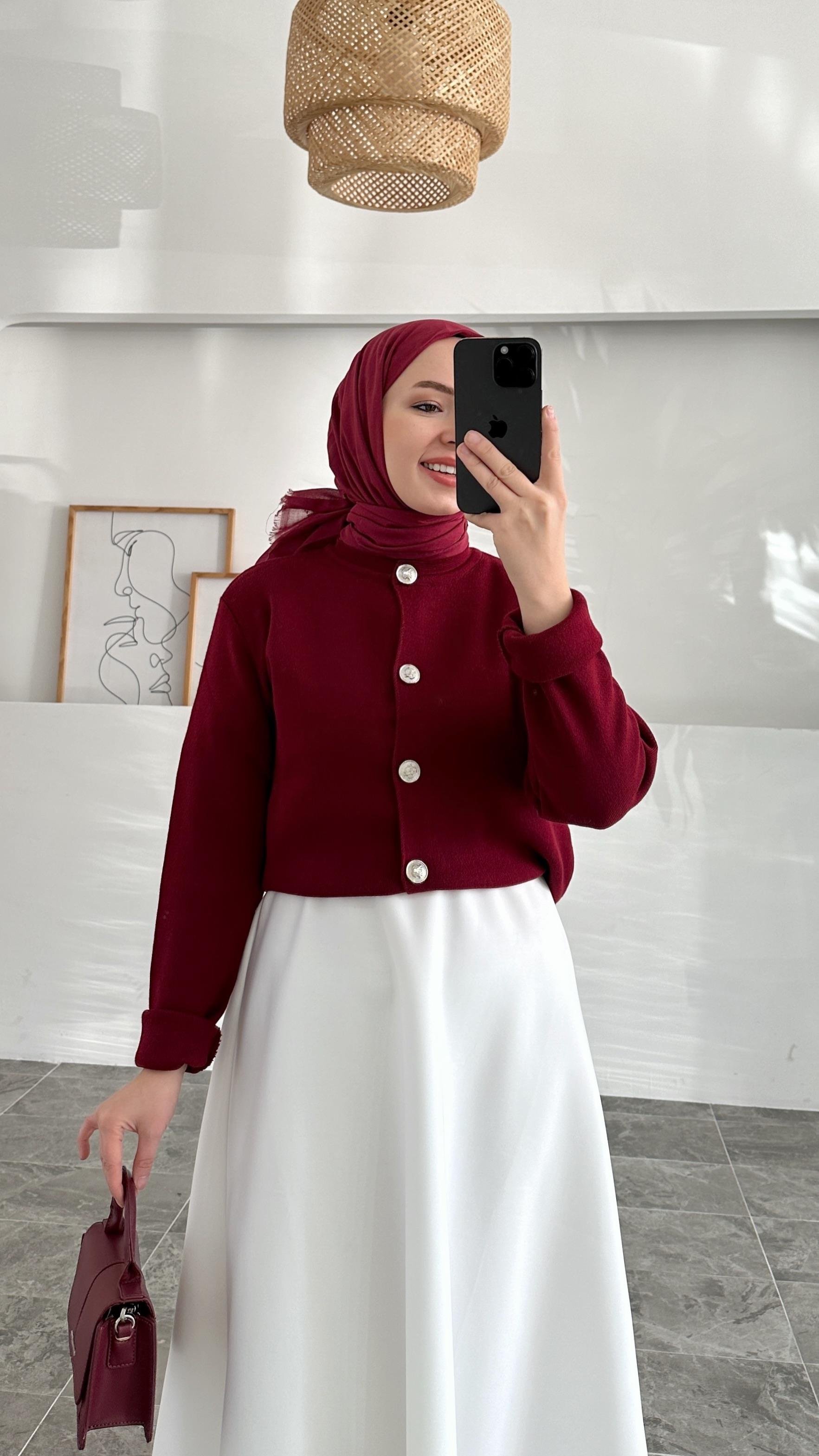 Ursula Zara Model Düz Bordo Kısa Gümüş Düğme Triko Hırka