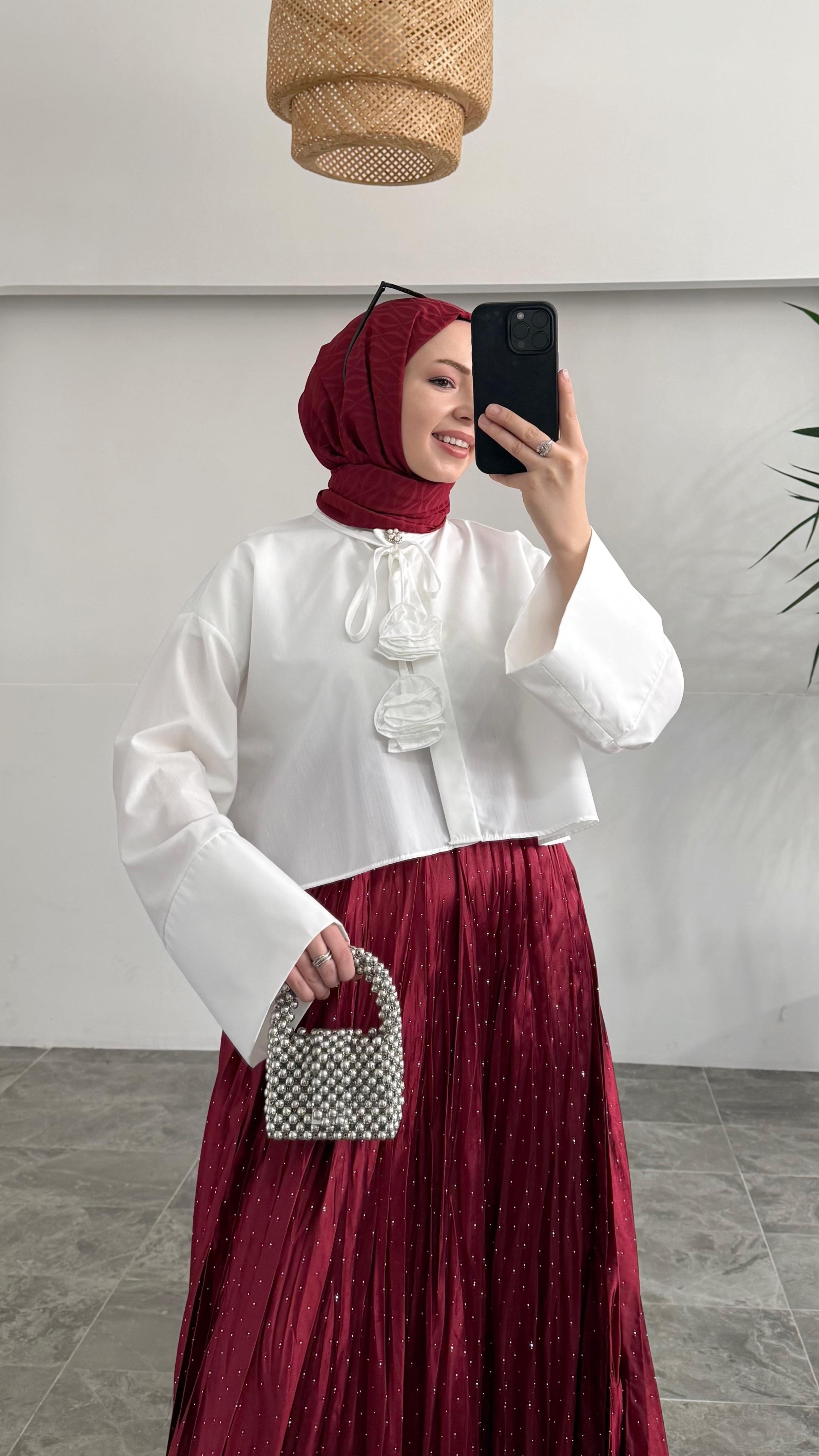 Wow Pullu Kraş Bordo Etek