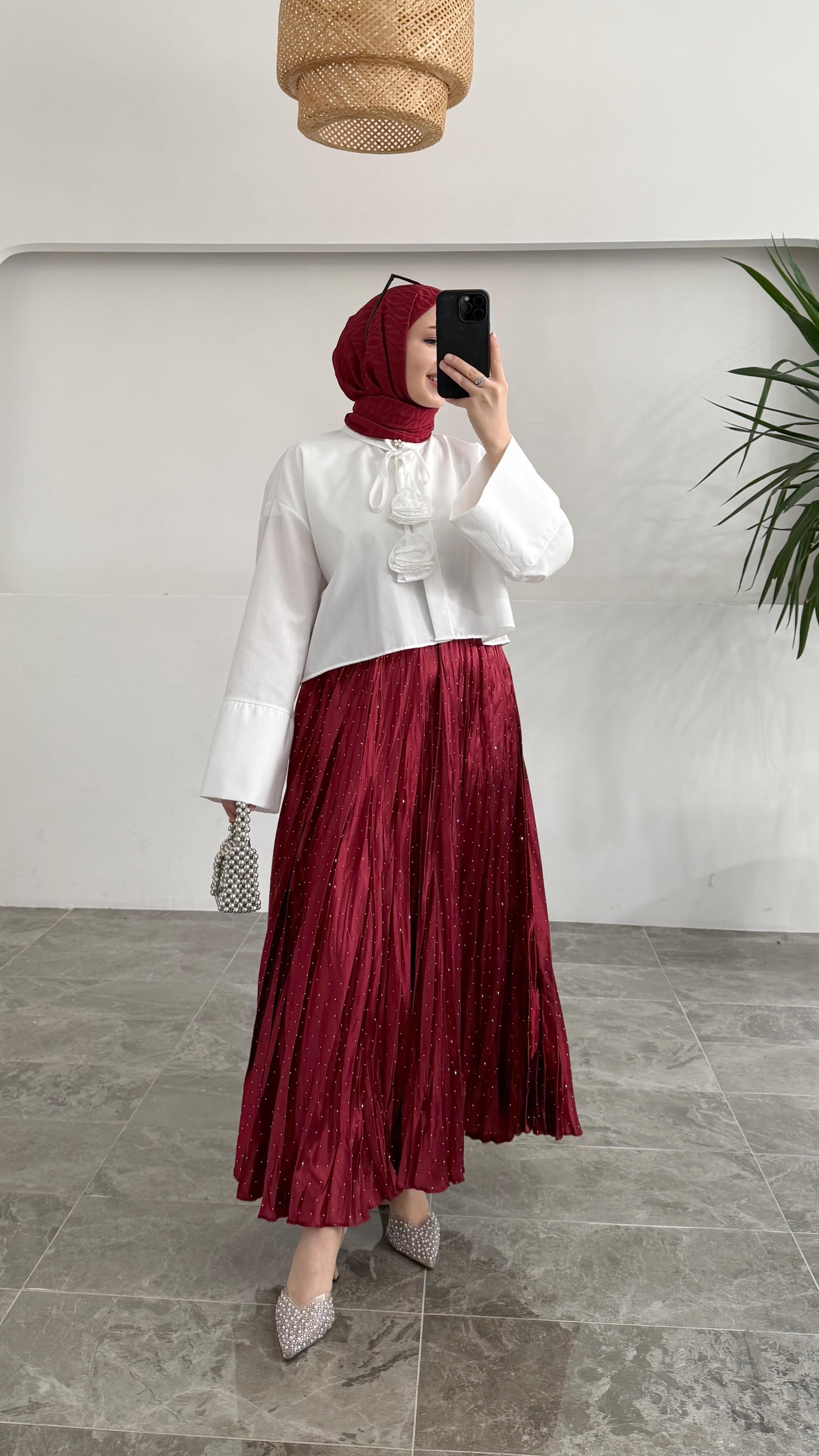 Wow Pullu Kraş Bordo Etek