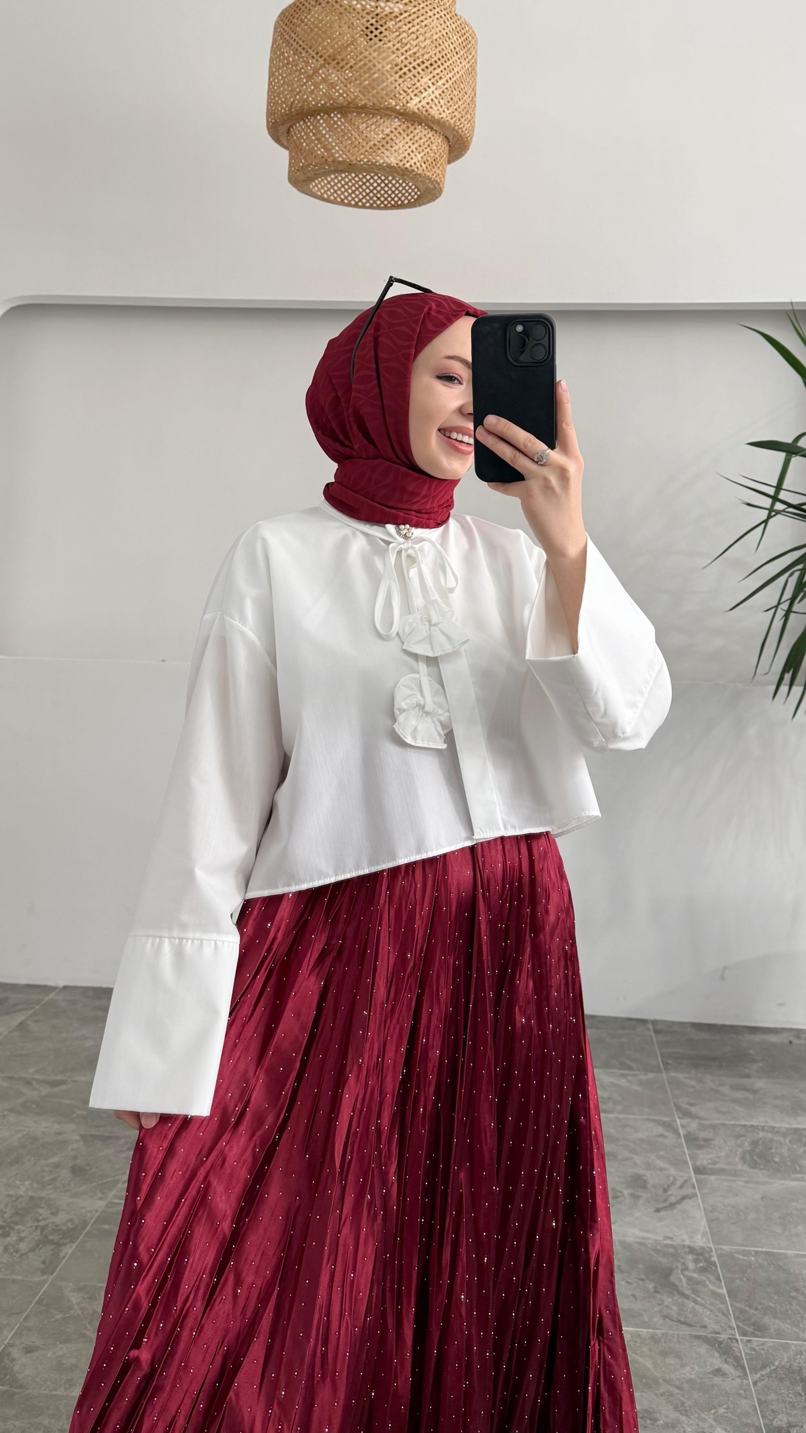 Wow Pullu Kraş Bordo Etek