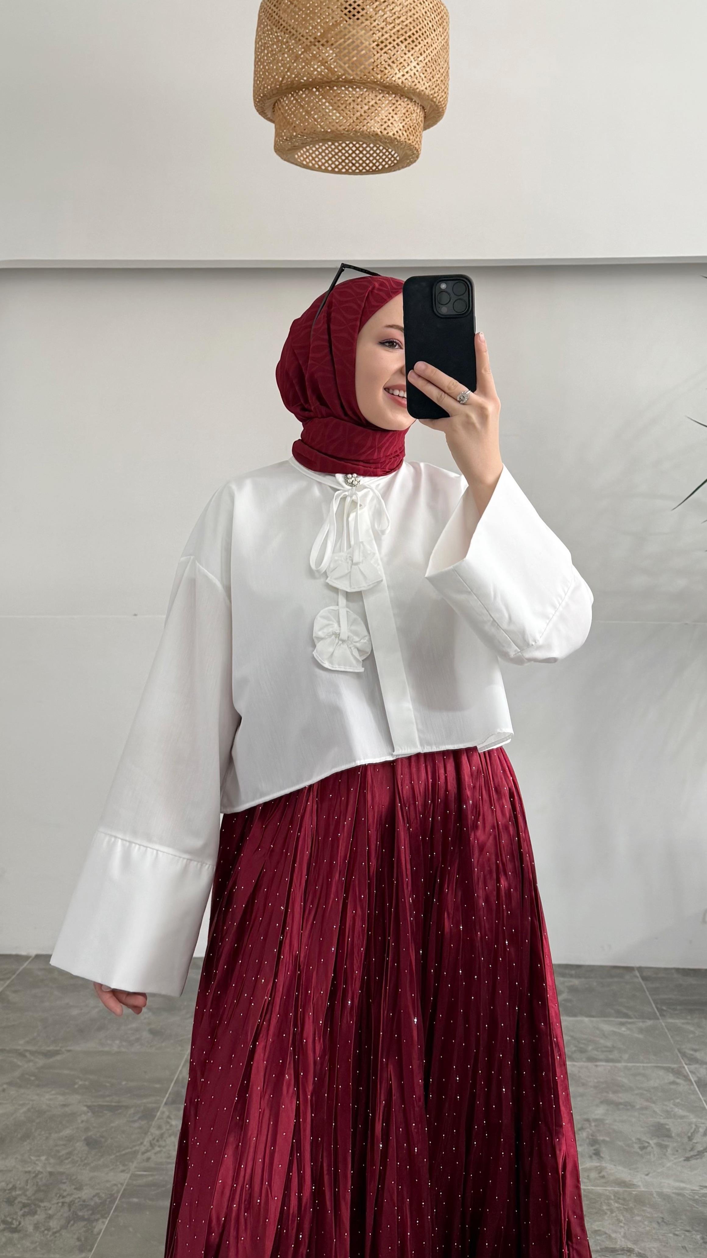 Wow Pullu Kraş Bordo Etek