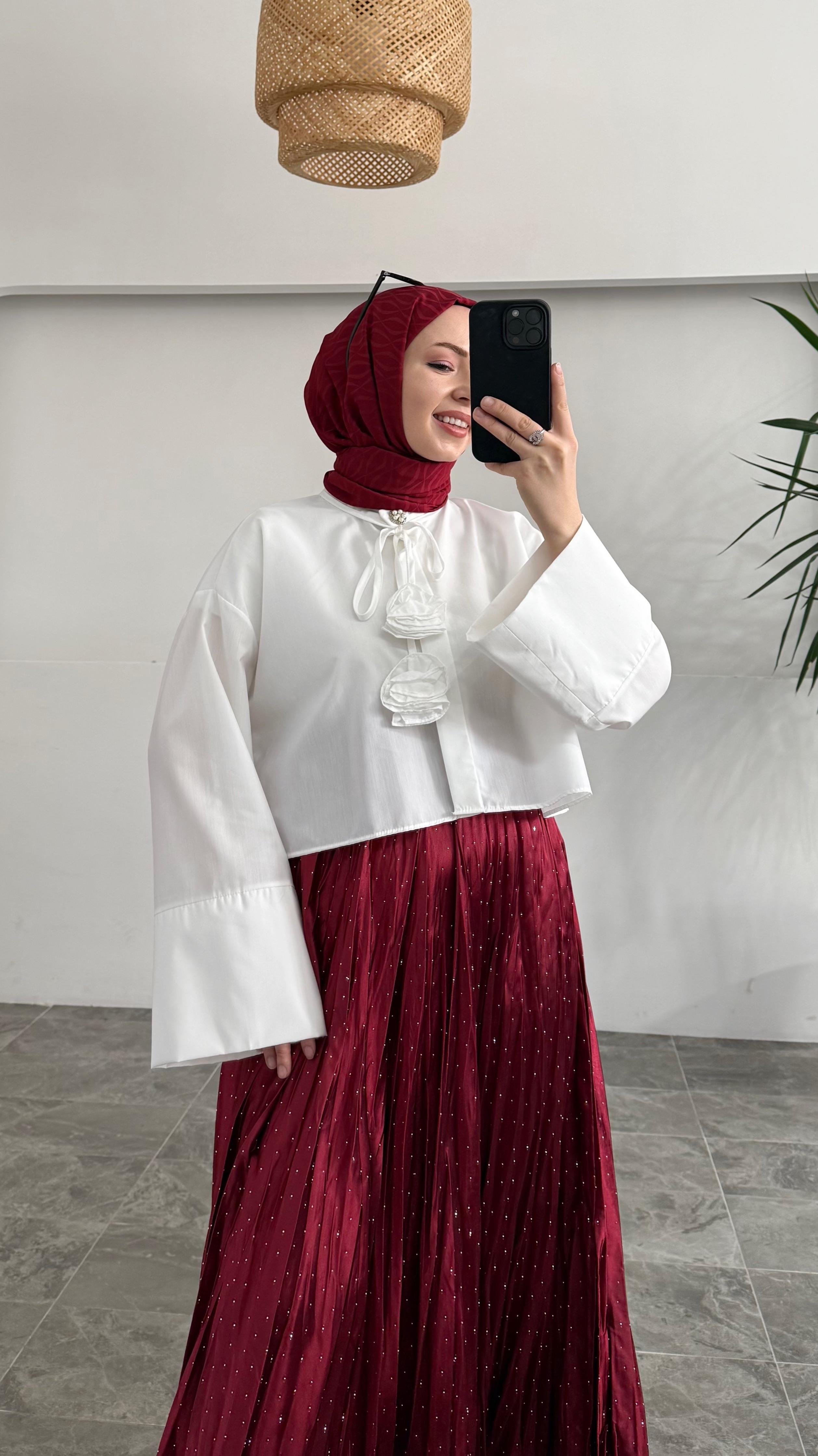 Wow Pullu Kraş Bordo Etek