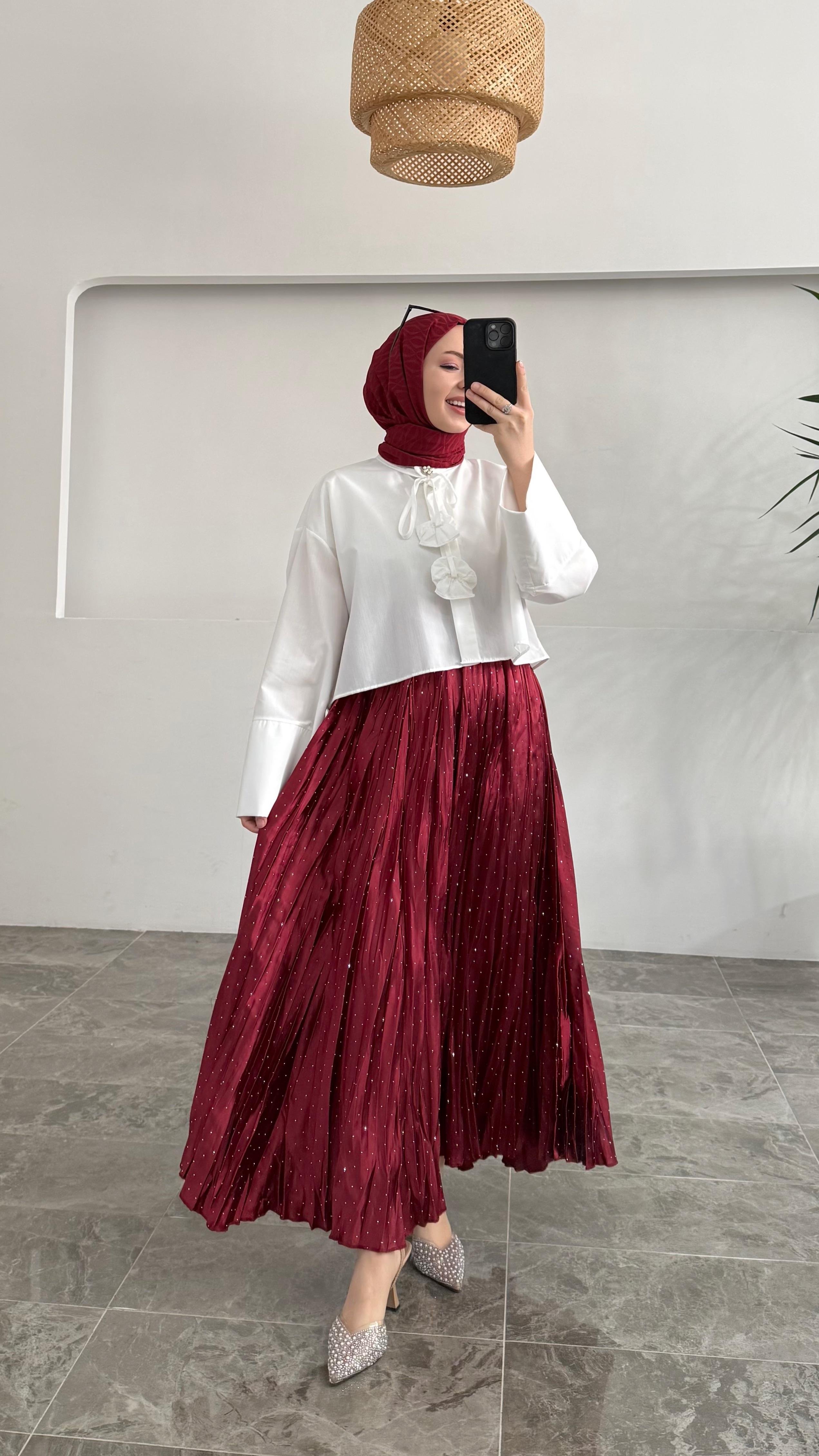 Wow Pullu Kraş Bordo Etek