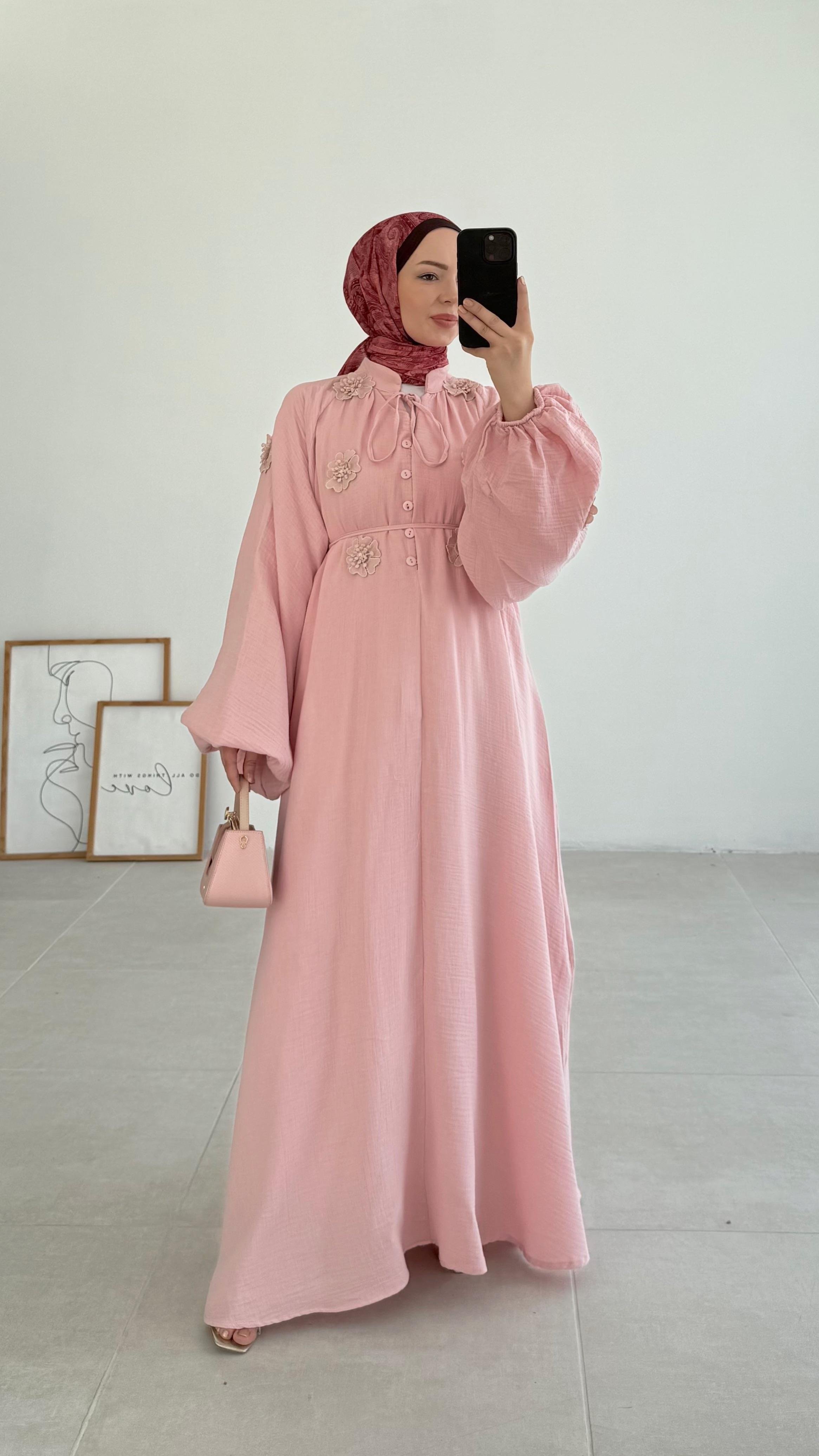 Yanel Çiçekli Premıum Pembe Elbise