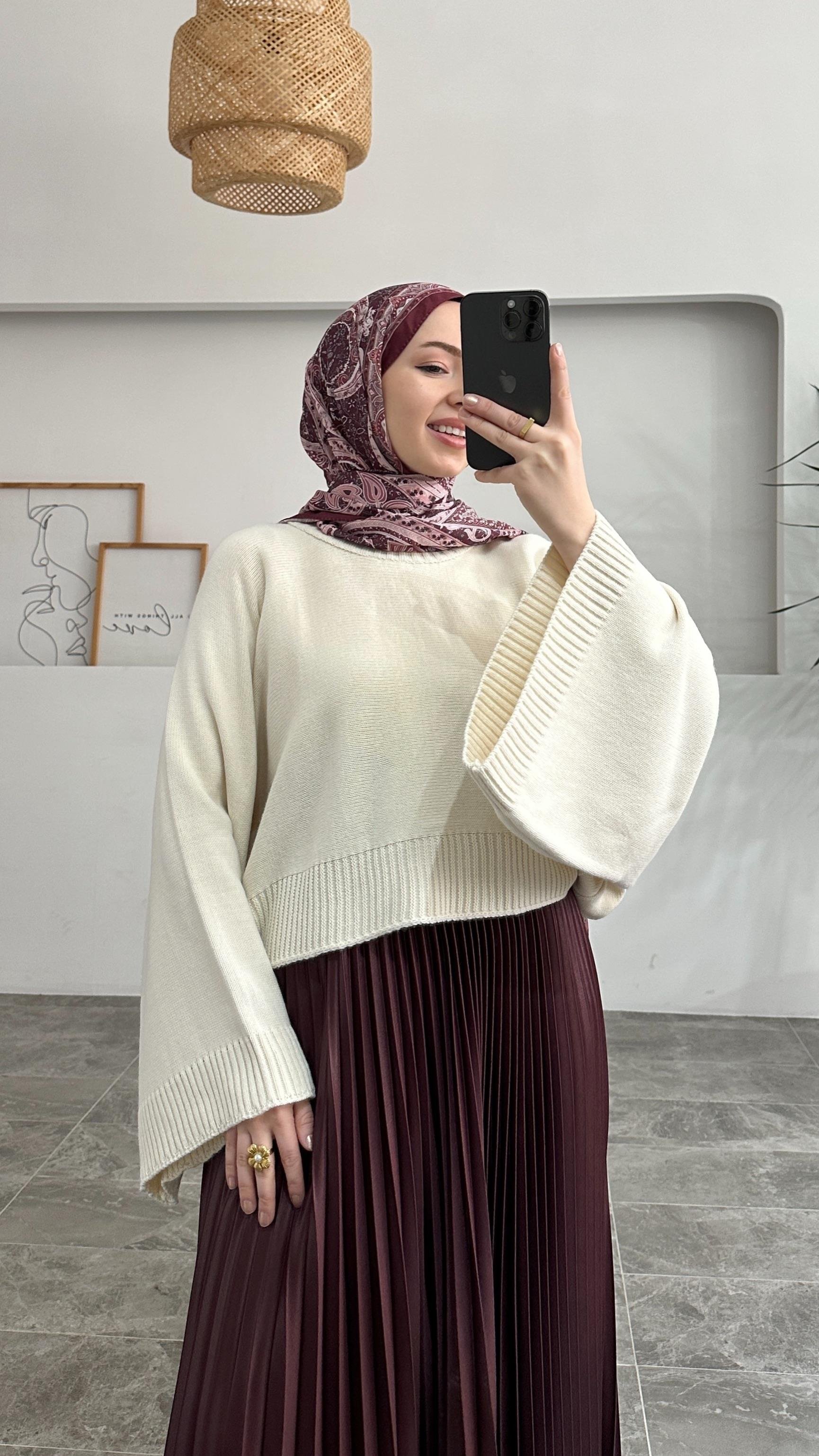 ZR Geniş Kol Krem Oversize Triko Kazak