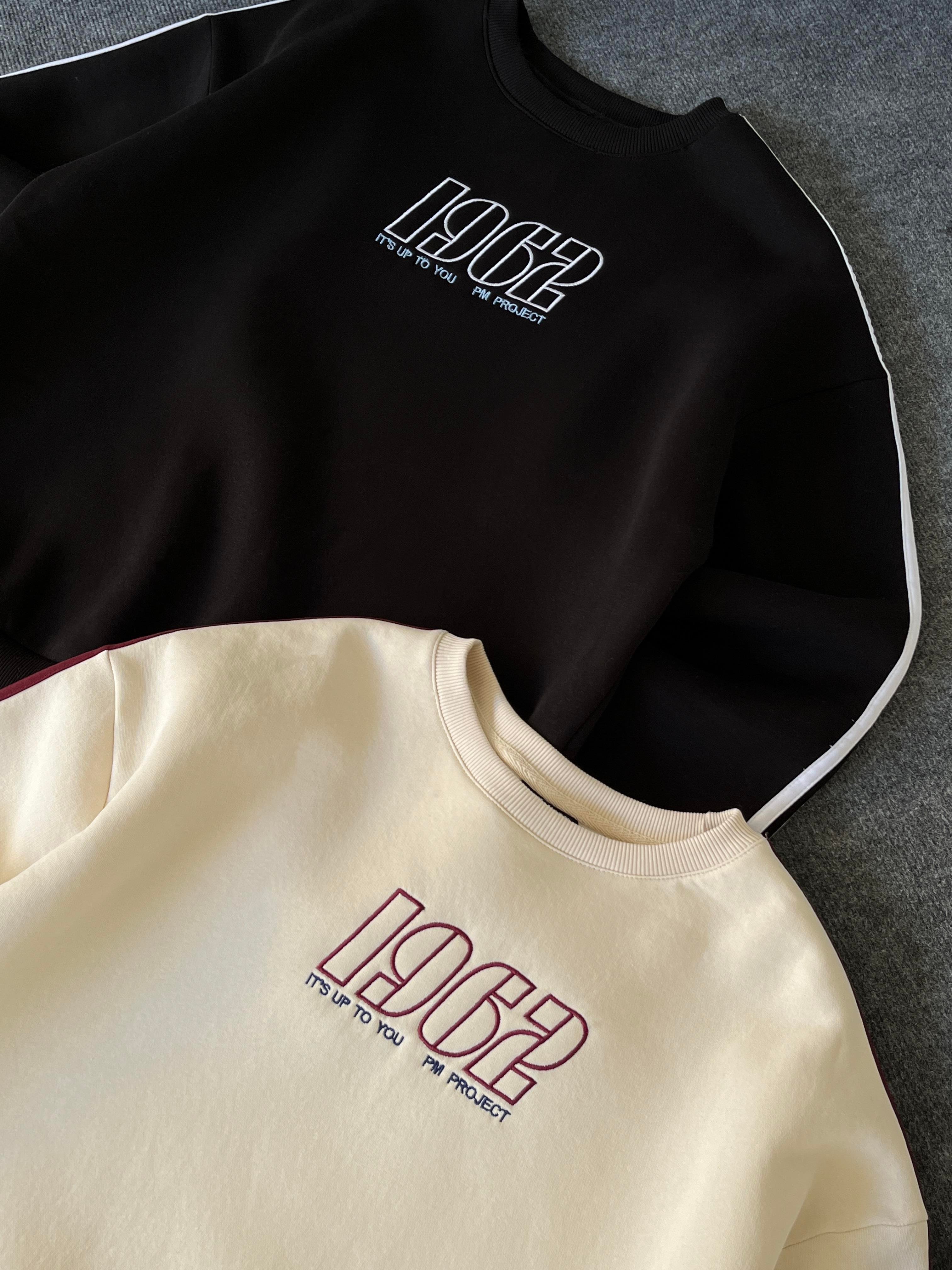 1962 Nakışlı Krem Üç İplik Şardonlu Basic Sweatshirt